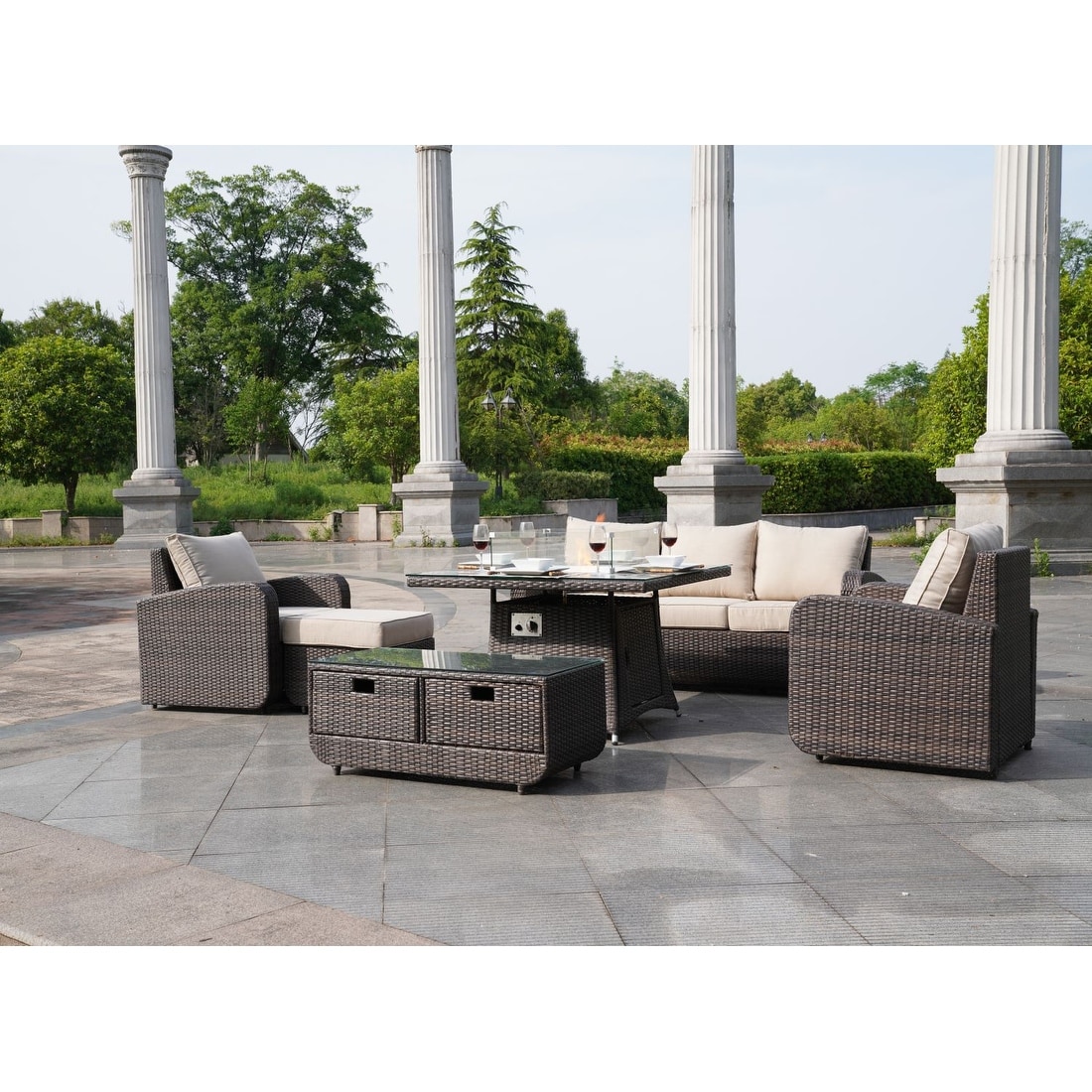6pcs Wicker Patio Sofa Set Outdoor Chat Sets With Fir Pit Table With Drawer Table By Moda Furnishings