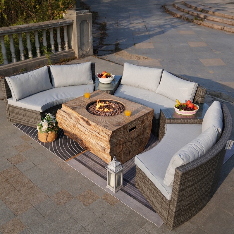 6-piece Halfmoon Patio Sectional Sofa Set With Fire Pit Table