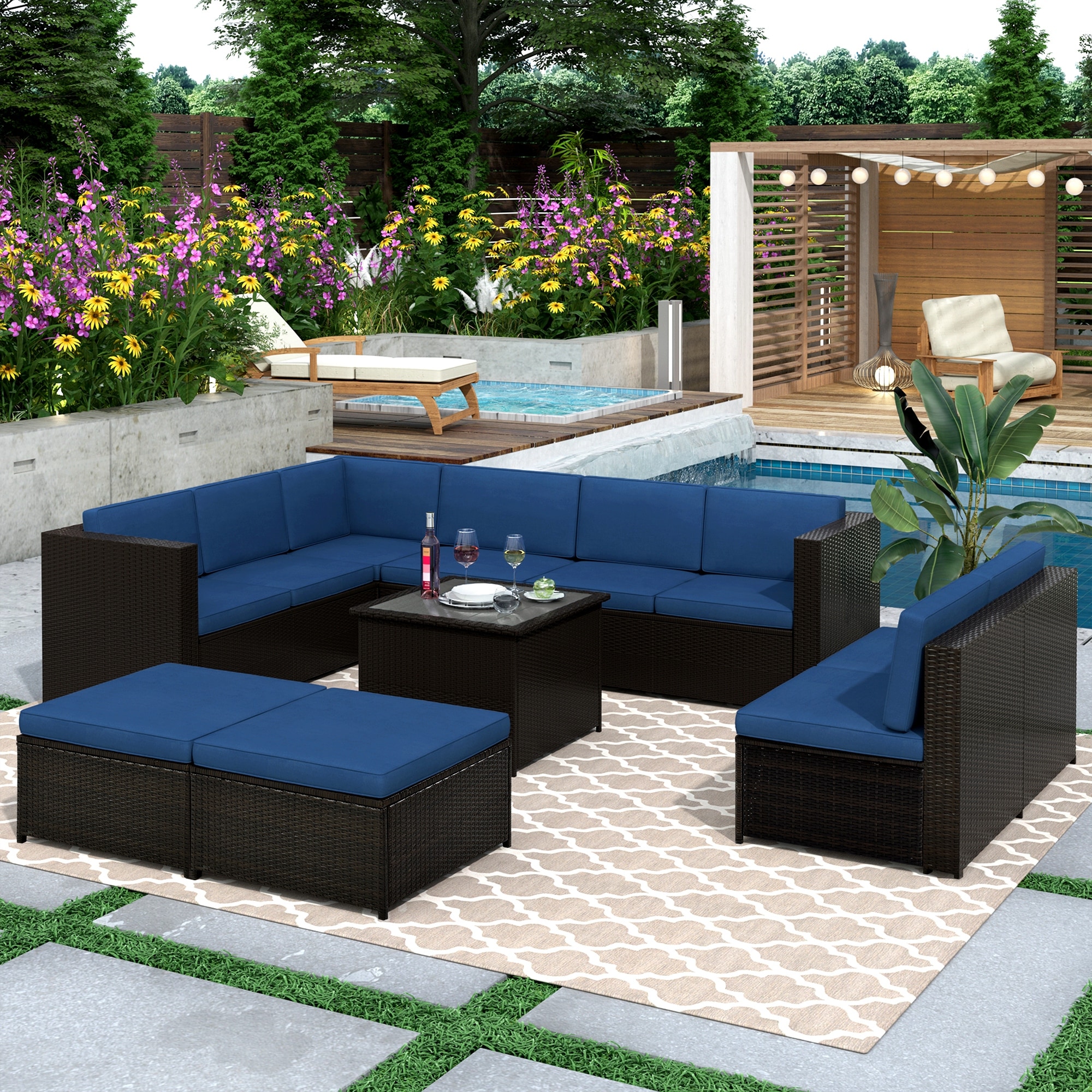 9 Piece Rattan Sectional Seating Group