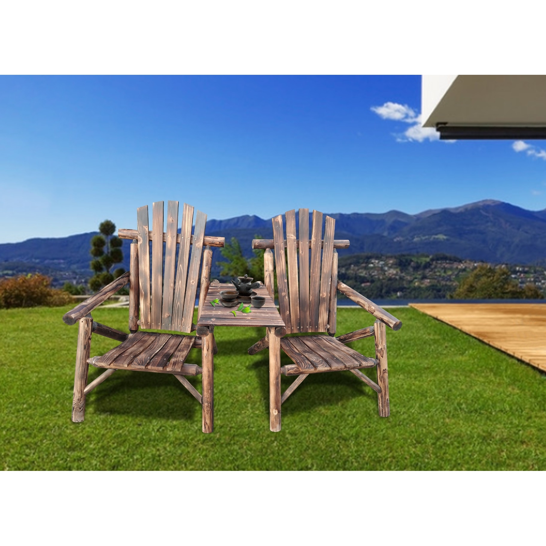 Double Adirondack Chair  Solid Wood Antique Porch Loveseat With Tray-table