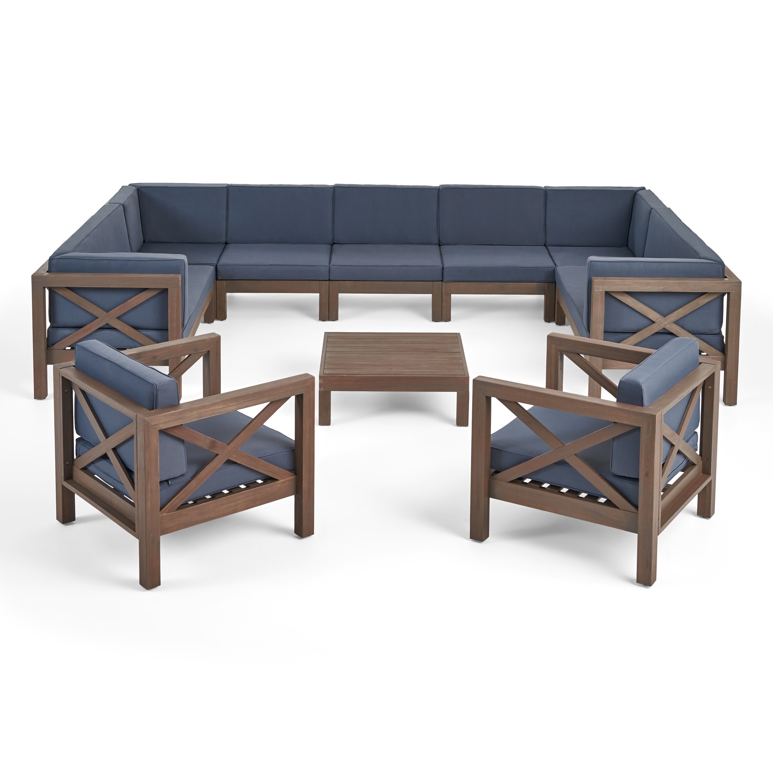 Brava Outdoor 11 Seater Acacia Wood Sectional Sofa And Club Chair Set By Christopher Knight Home
