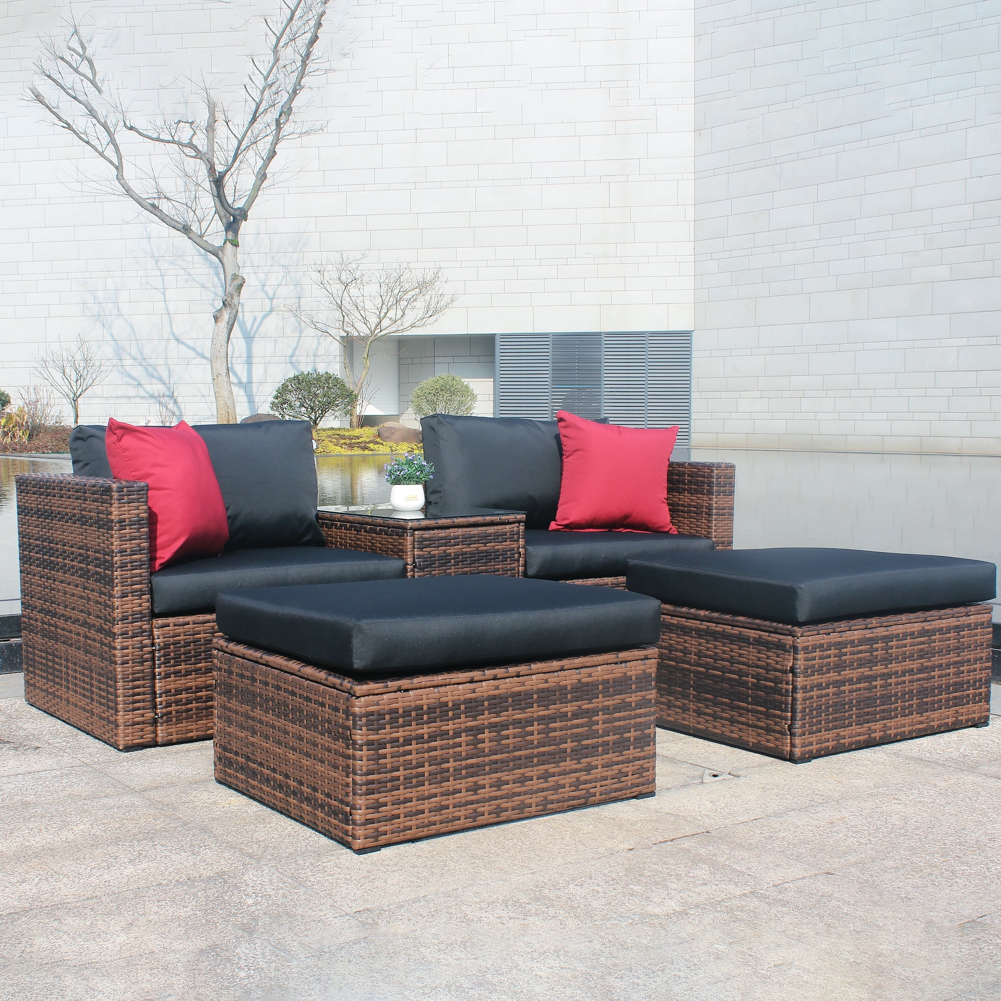 Brown Wicker Sectional Sofa Set With Cushions  Table and Cover
