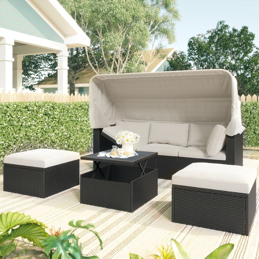 Outdoor Patio Wicker Rectangle Daybed With Retractable Canopy And Washable Cushions