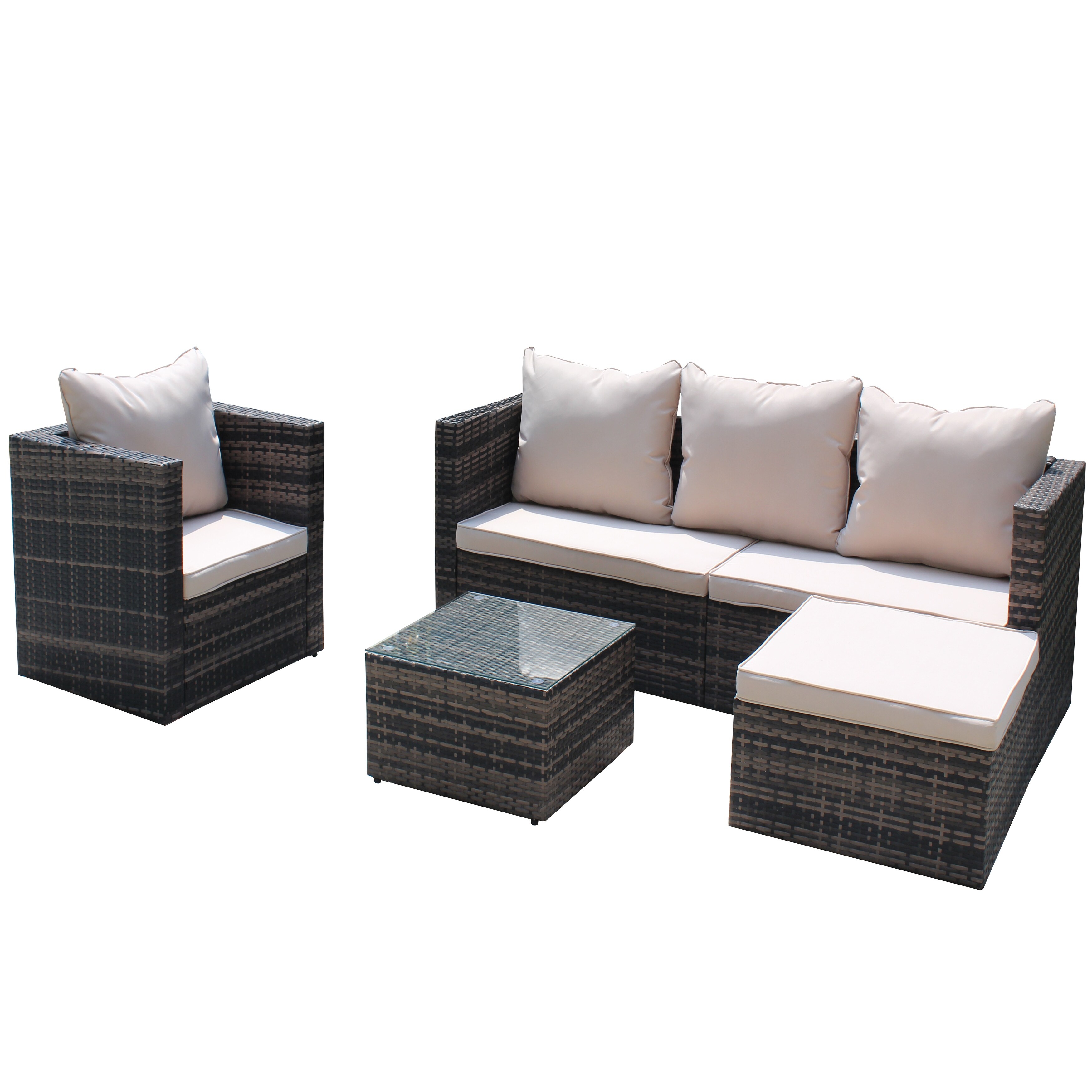 Outdoor Brown Wicker 4 Pieces Furniture Sofa Set With Cushions