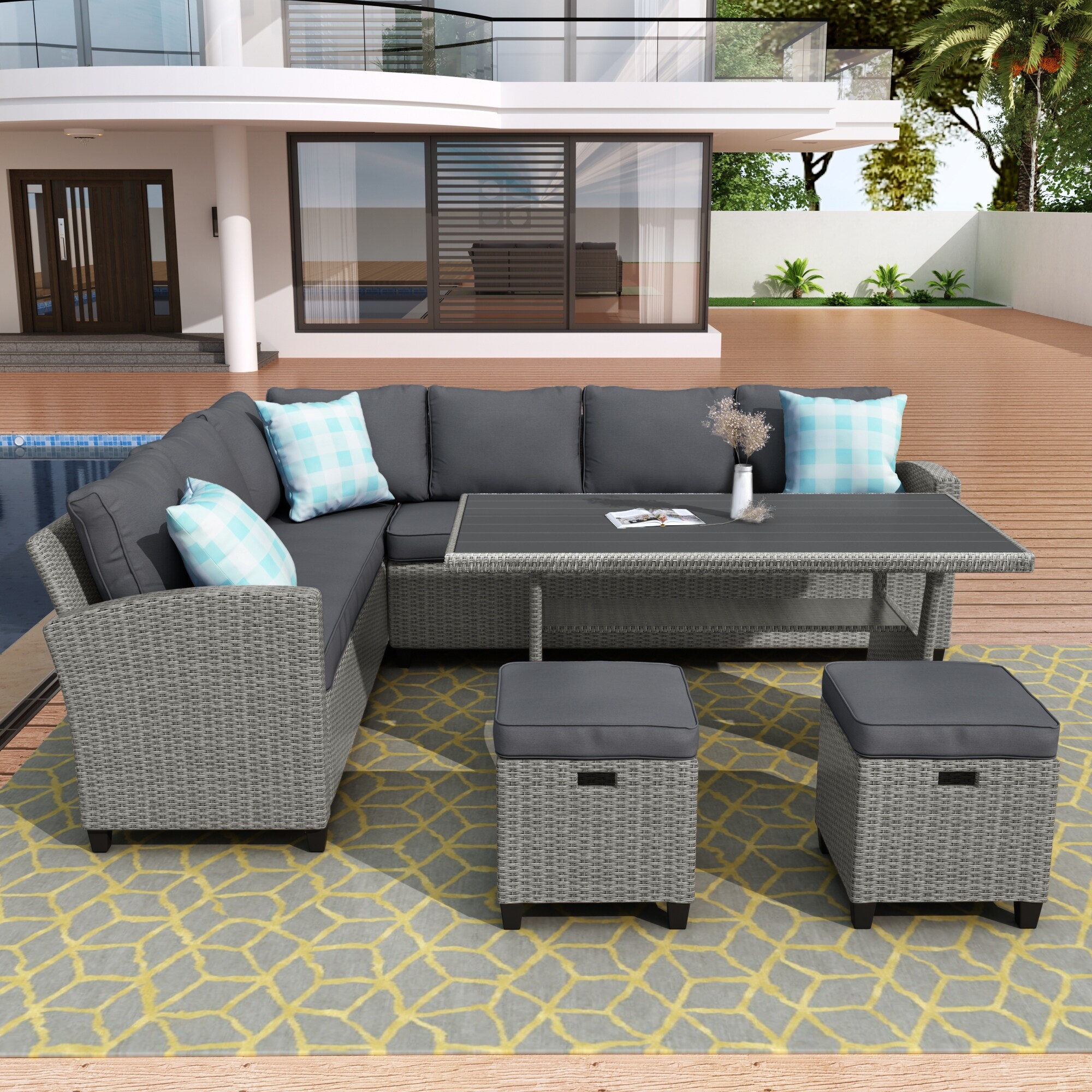5 Piece Outdoor Conversation Set With Dining Table and Ottoman  Pe Rattan Furniture Set With Throw Pillows For Garden  Backyard