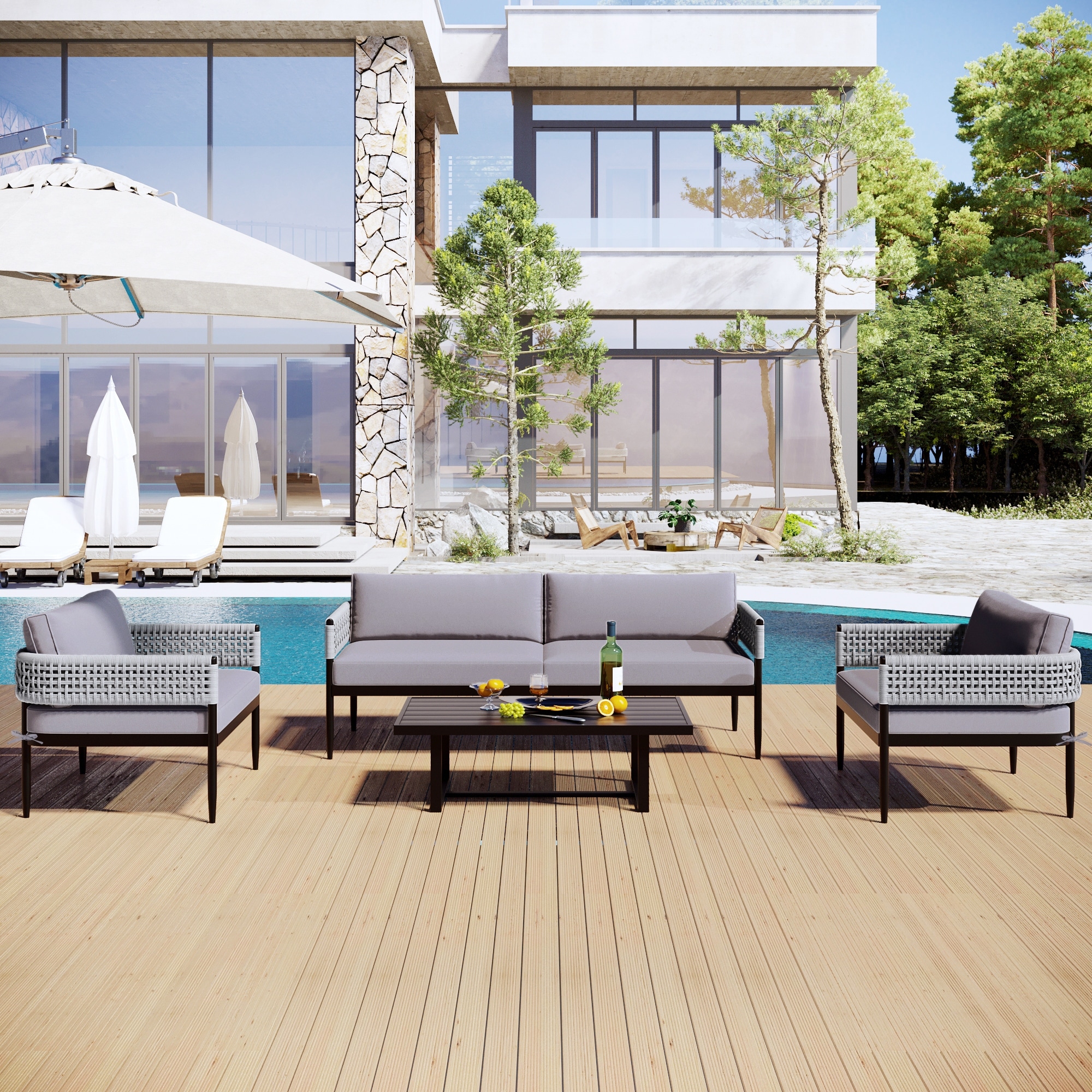 4 Piece Outdoor Suit Combination With 1 Love Sofa 2 Single Sofa And 1 Coffee Table For Swimming Pool Patio
