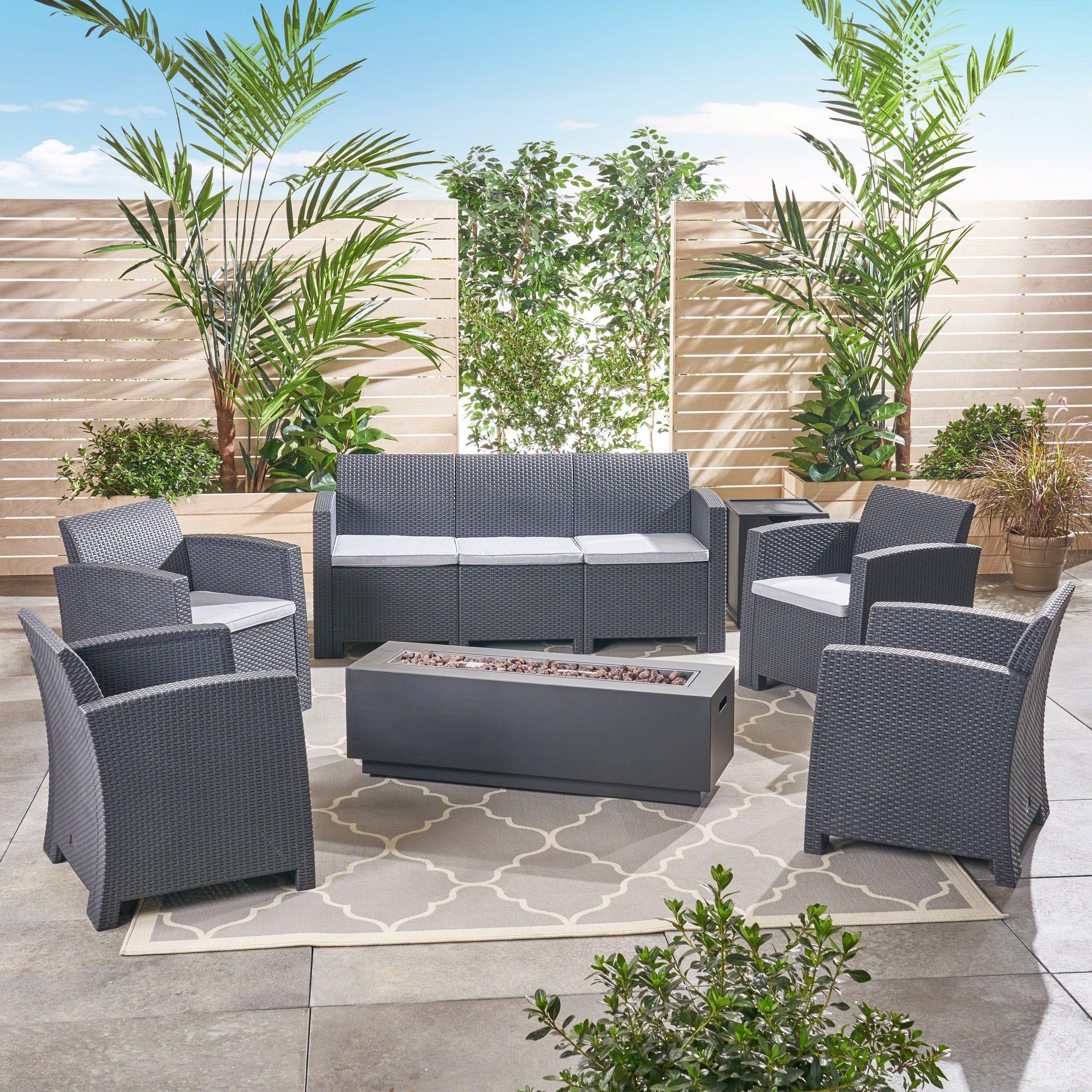 Rensing Outdoor 7-seater Wicker Print Chat Set With Fire Pit And Tank Holder By Christopher Knight Home