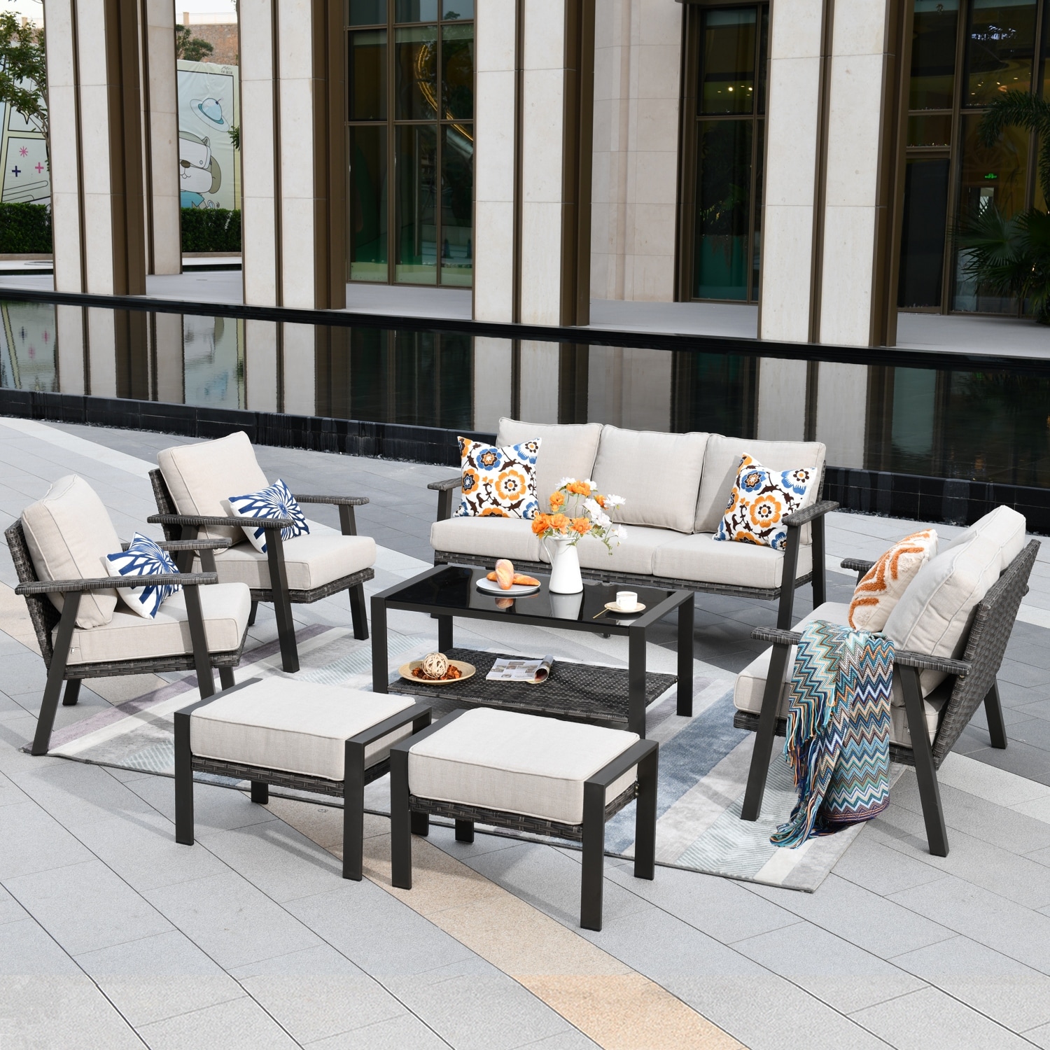 Ovios 7-piece Patio Outdoor Wicker Solid Pattern Cushion Sectional Set