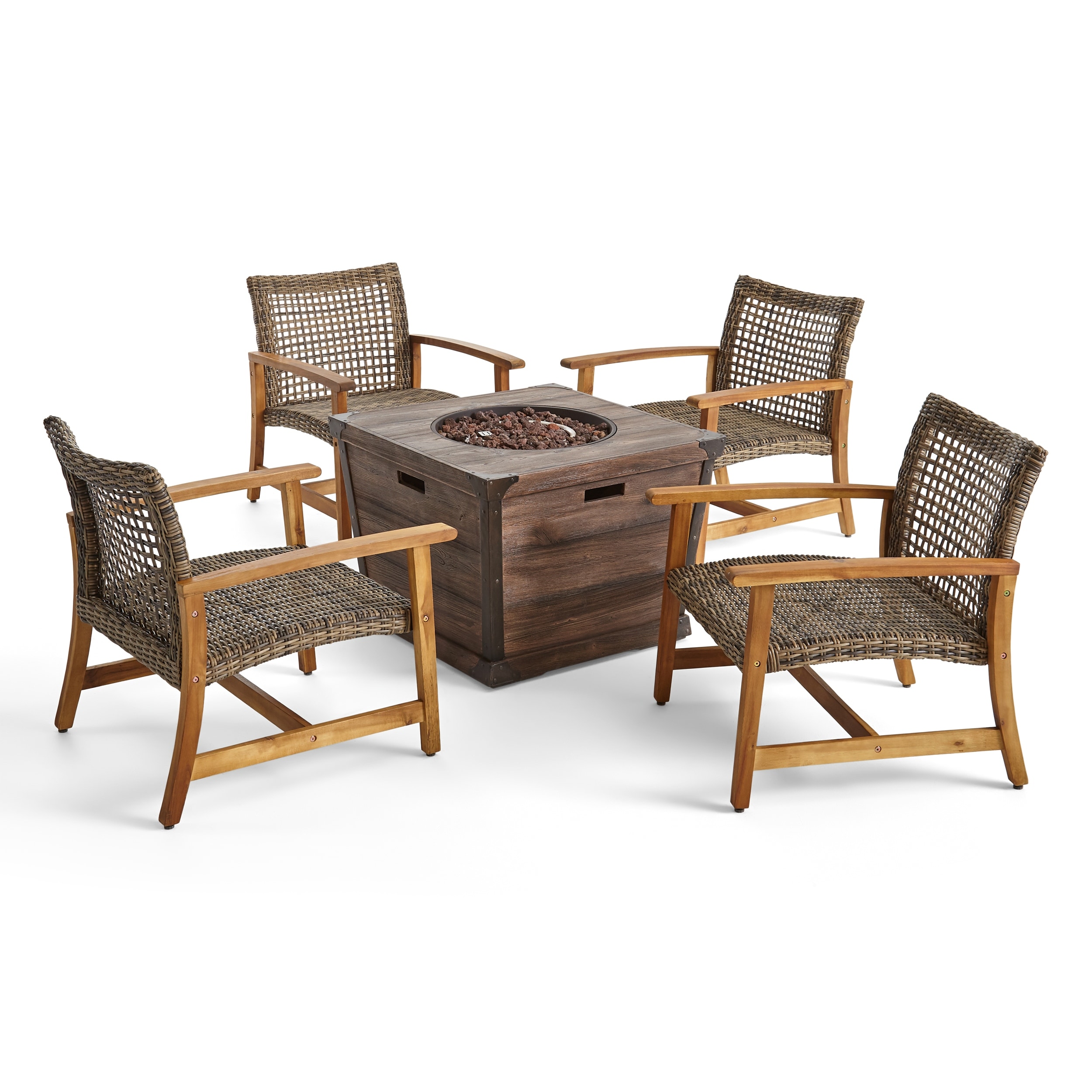 Hampton Outdoor Wood And Wicker Club Chair Set With Fire Pit By Christopher Knight Home