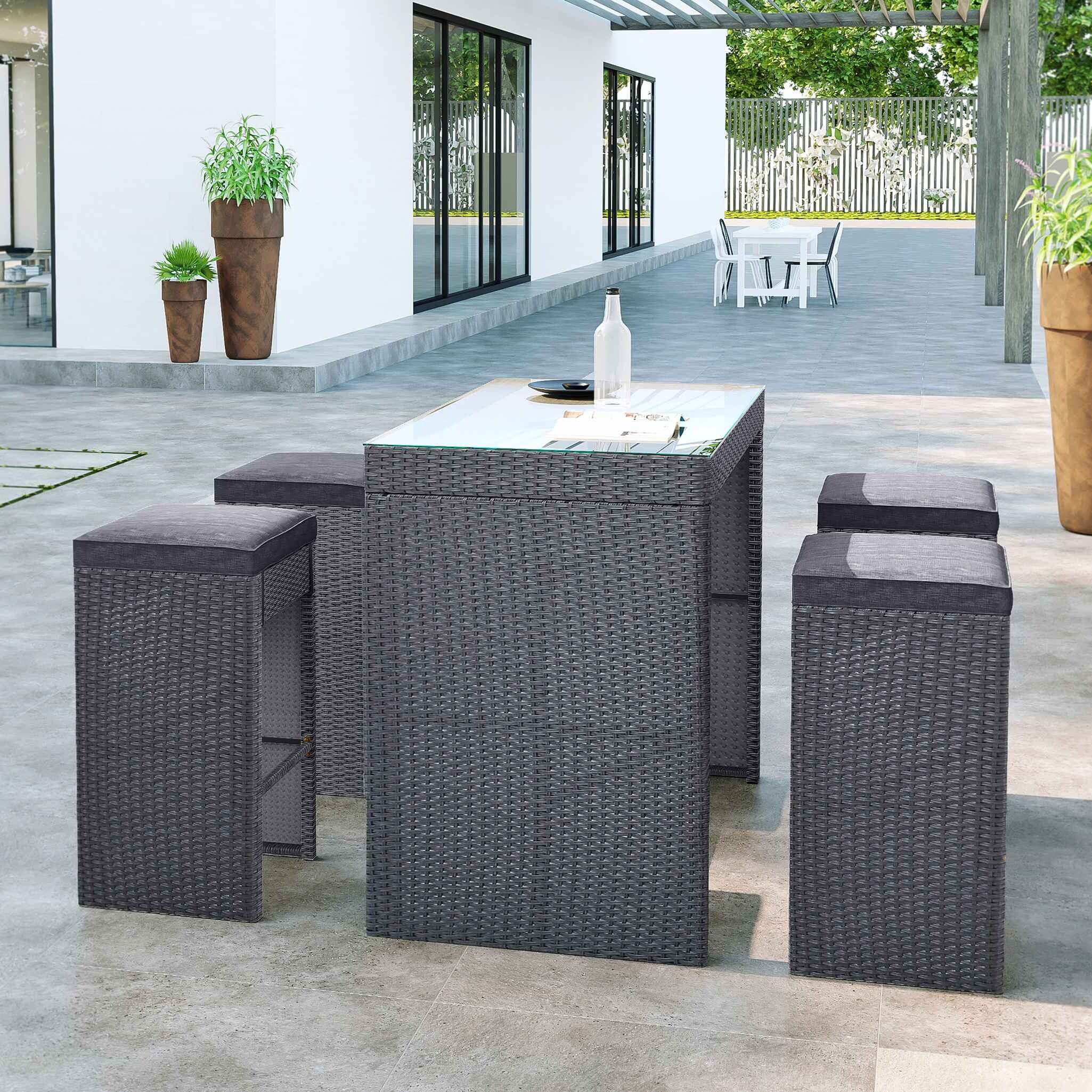 5-piece Rattan Outdoor Patio Furniture Set Bar Dining Table Set With 4 Stools