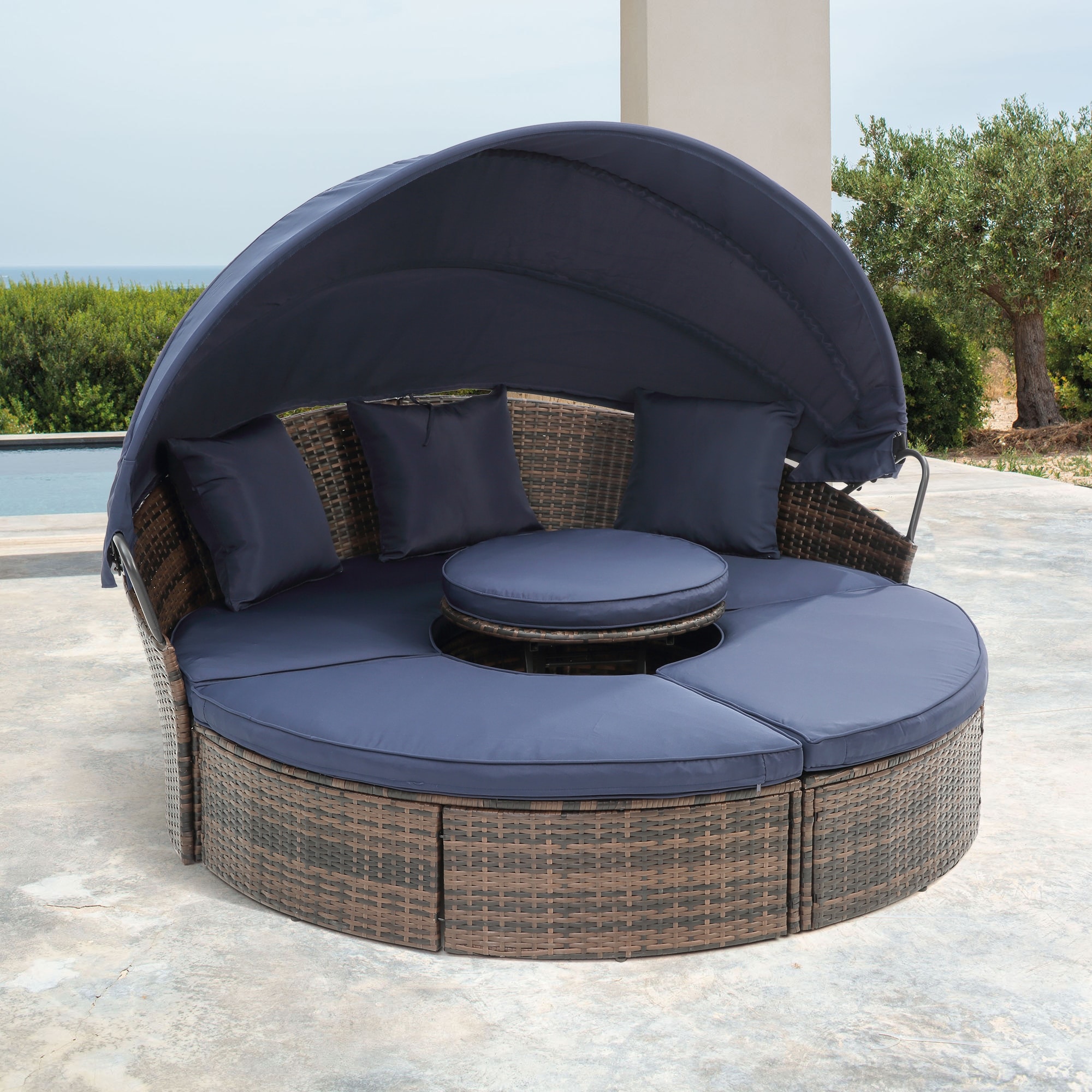 Outdoor Rattan Round Lounge Sofa Bed With Canopy And Lift Coffee Table