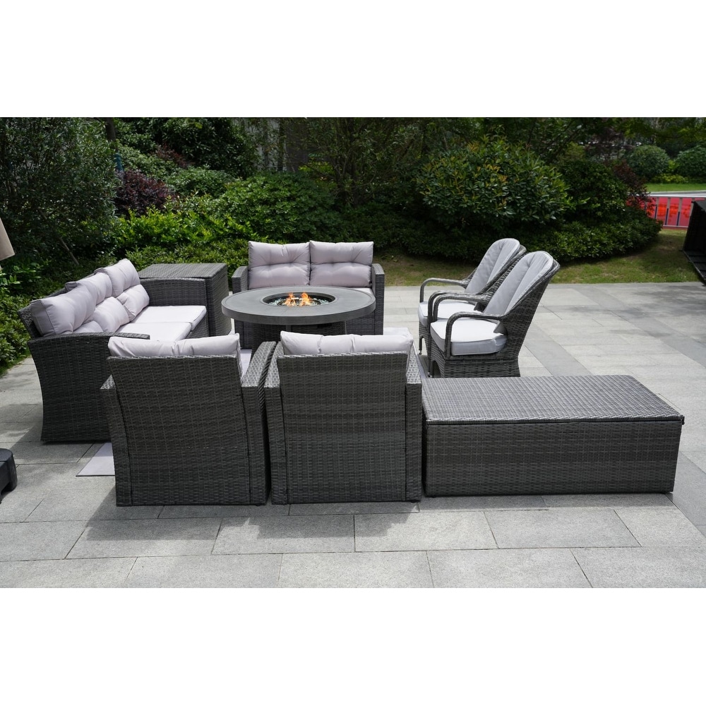 9-piece Patio Furniture Set With Outside Fire Pit Table grey
