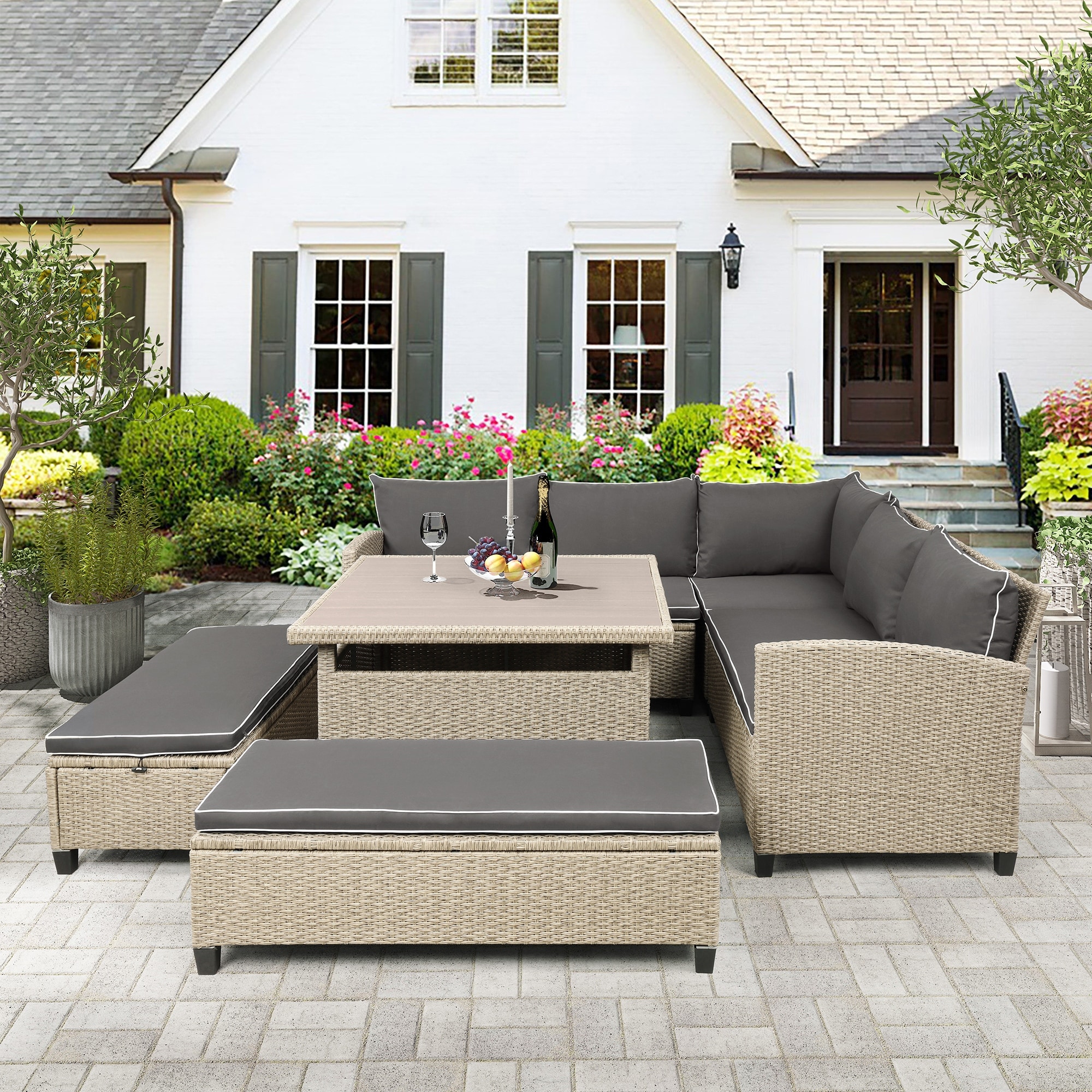 Malwee 6 Piece Outdoor Conversation Set outdoor Wicker Rattan Sectional Sofa With Table And Benches