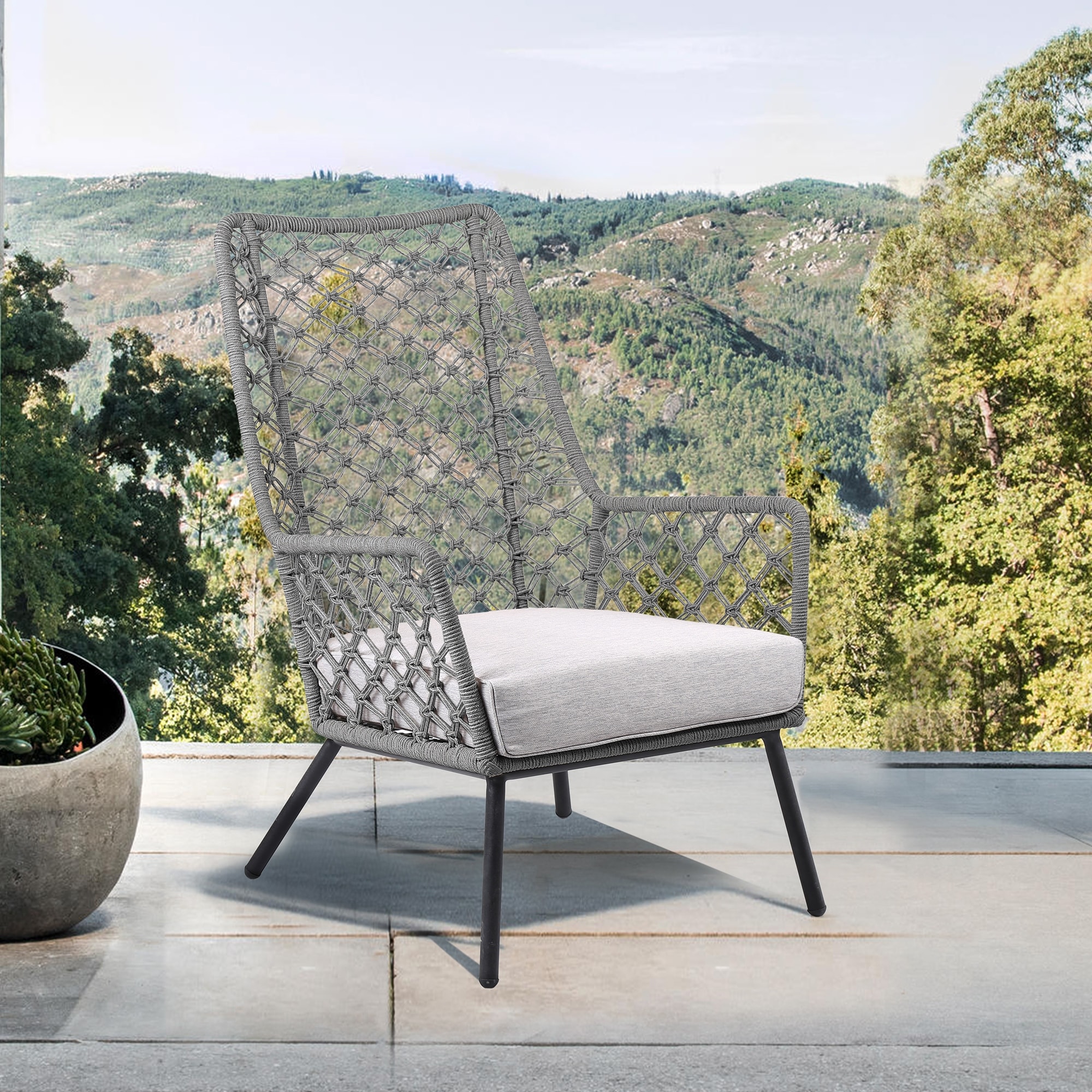Marco Indoor Outdoor Steel Lounge Chair With Rope And Grey Cushion