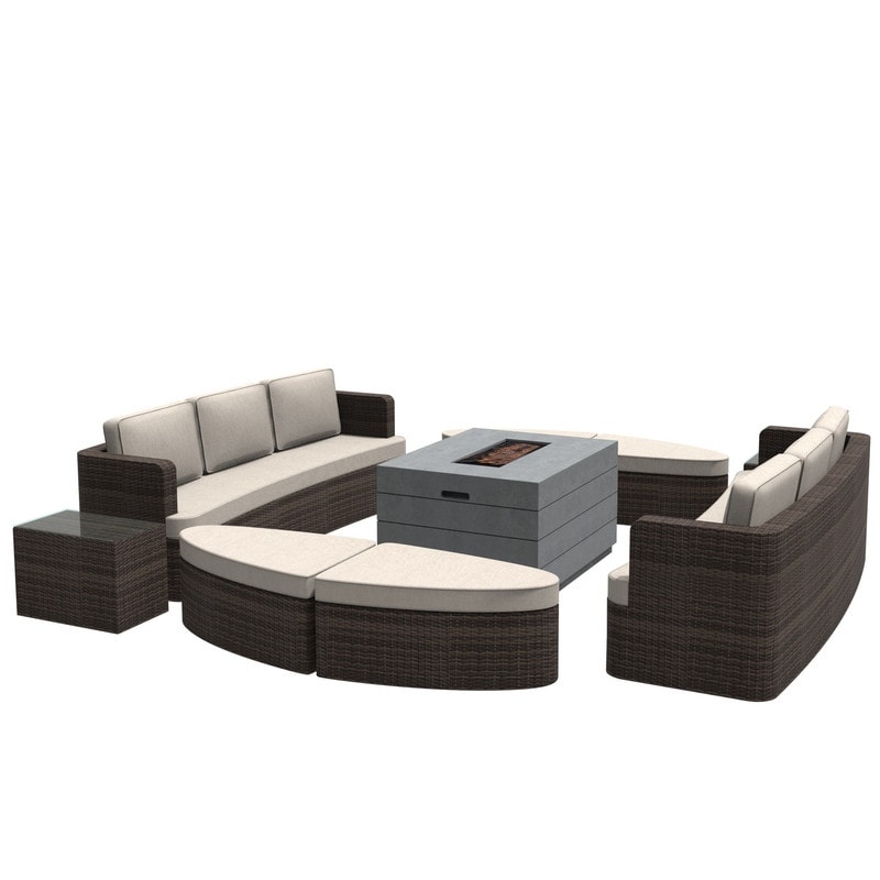 9-piece Patio Wicker Daybed Set With Concrete Fire Pit Table