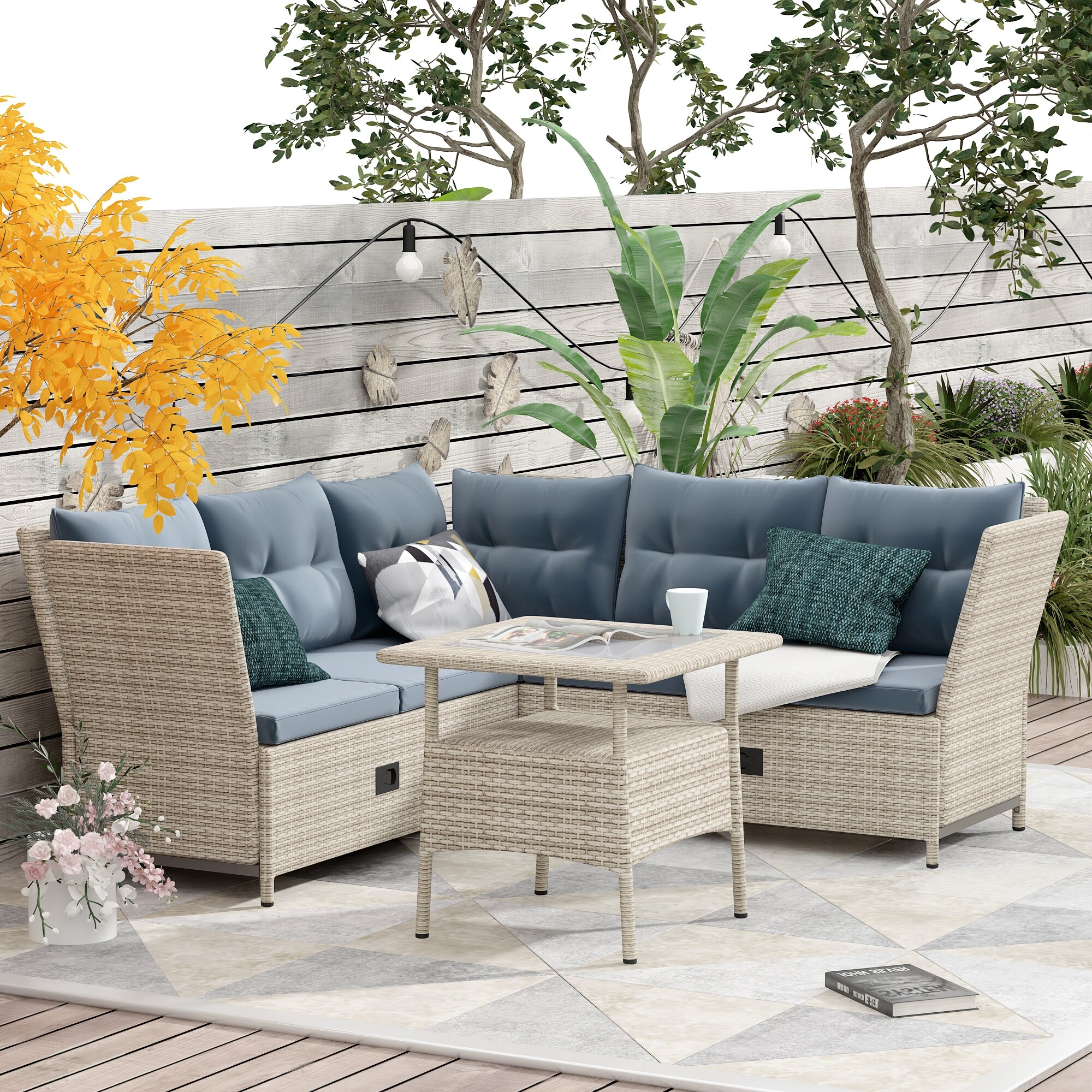 Outdoor Patio Sofa Set With Adjustable Side Back  Tempered Glass Table  All Weather Resistant Wicker  Grey Cushion