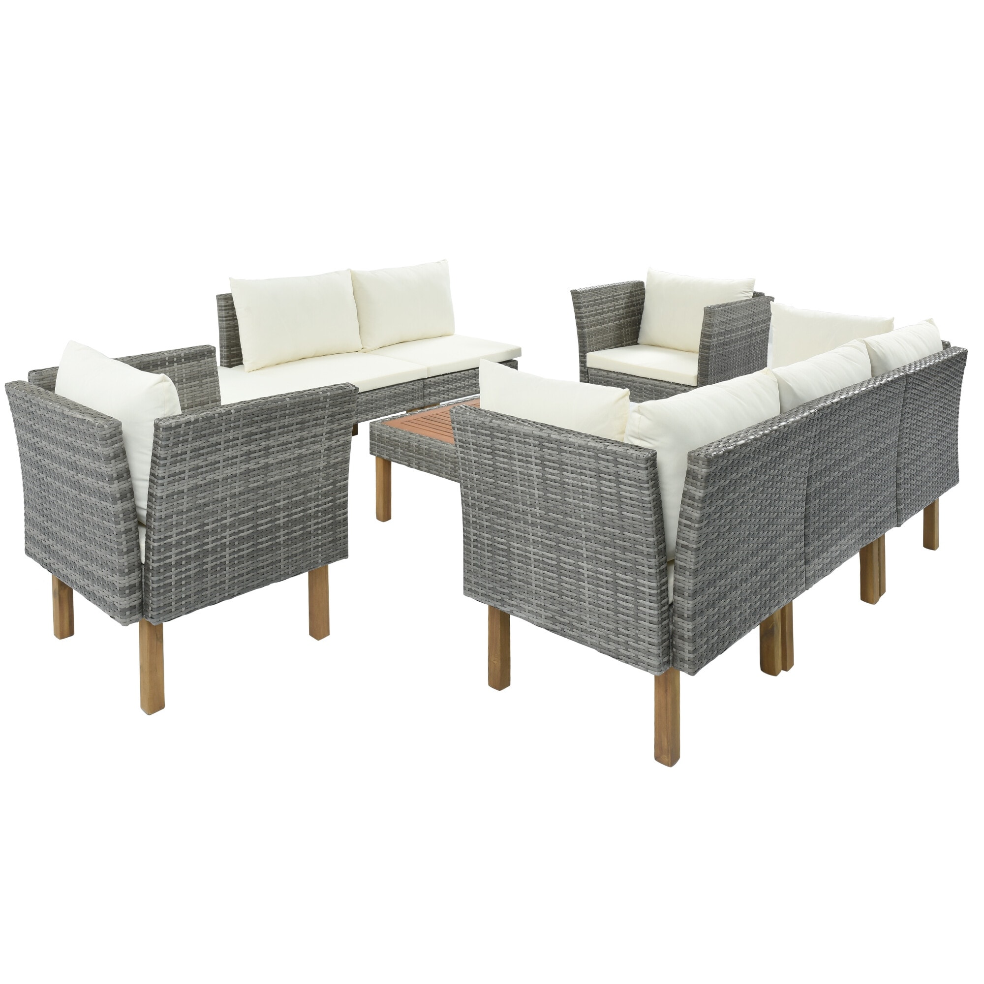 9 Piece Outdoor Patio Wicker Sofa Set  Pe Rattan Sofa Set  With Wood Legs  Acacia Wood Tabletop  Armrest Chairs