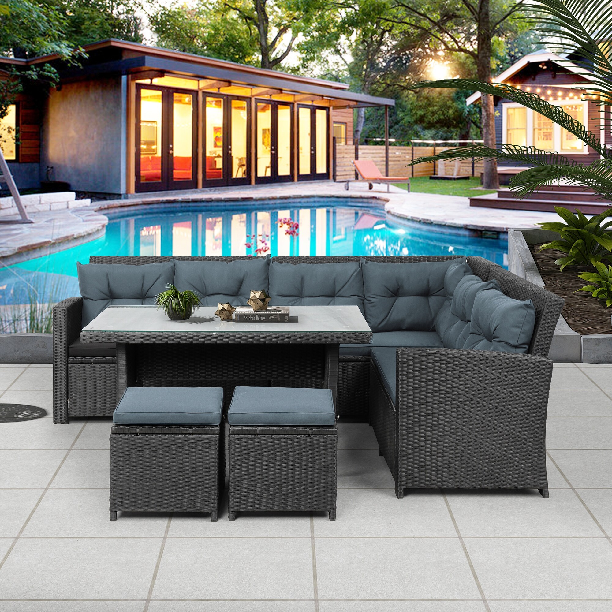 6-piece Patio Furniture Set  Outside Uv-resistant Rattan Sectional Sofa Set With Tempered Glass Table and Ottomans  For Pool