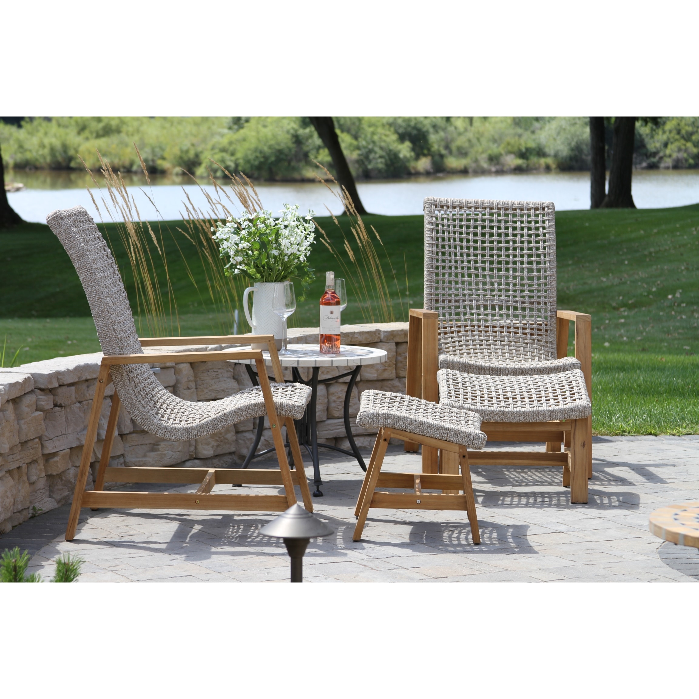 Samera 5 Pc. Teak And Nautical Rope Loungers With Marble Table