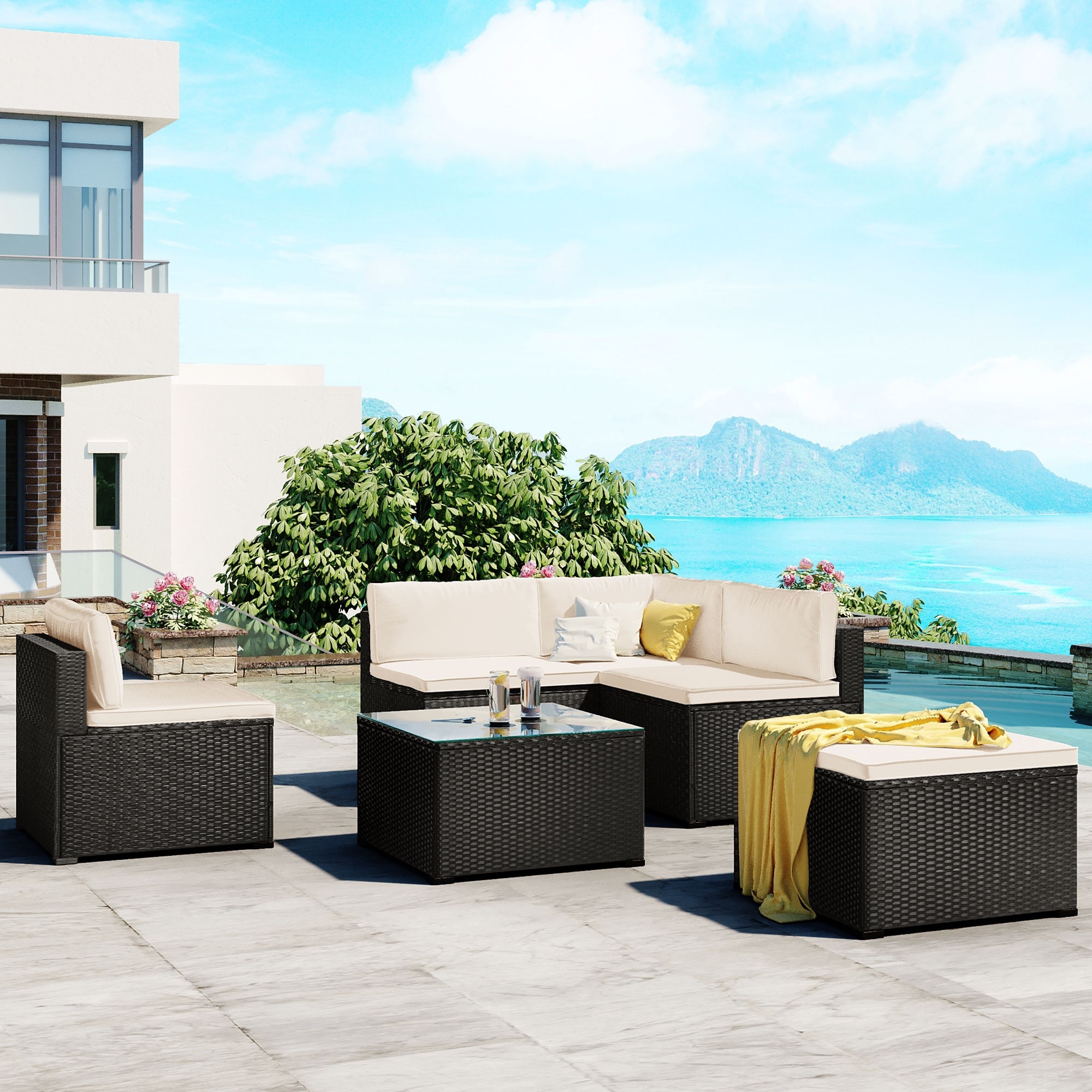6-piece Outdoor Patio Wicker Rattan Modular Sectional Sofa Set  With Glass Tabletop Coffee Table  Removable Grey Cushion