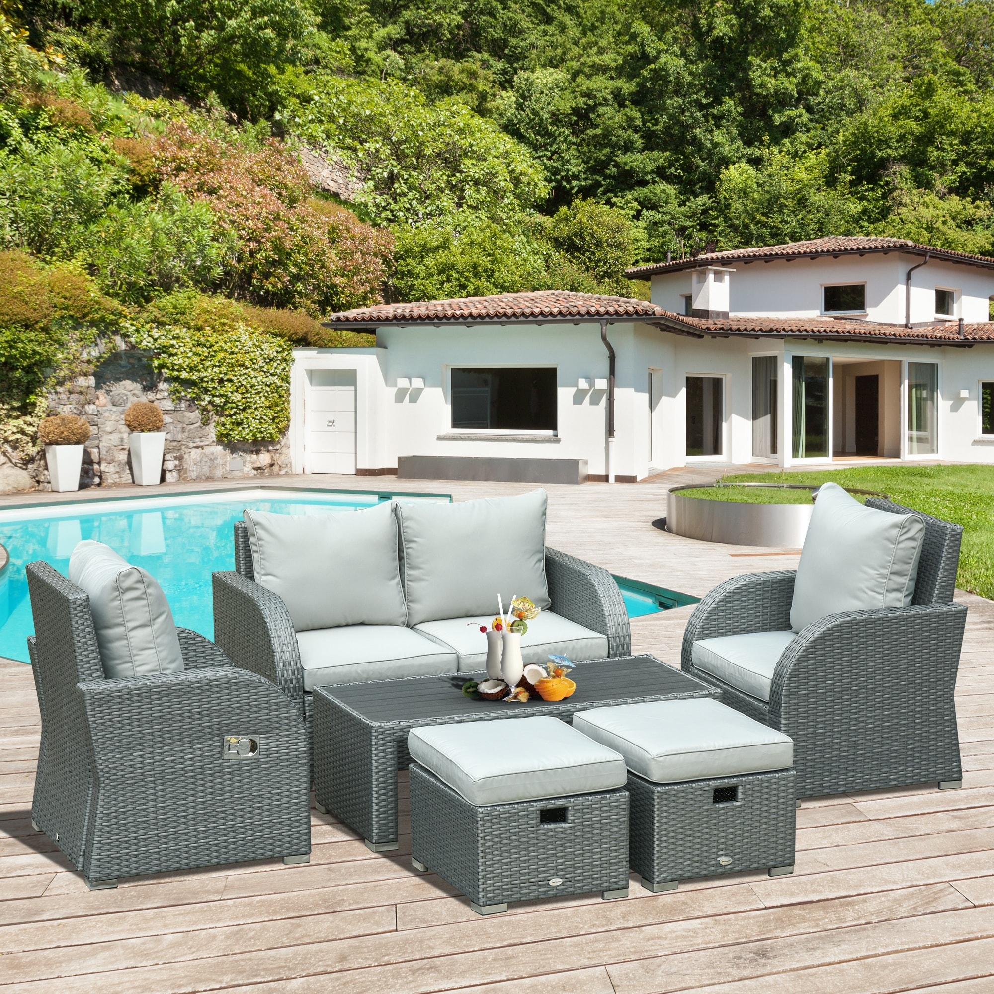 Outsunny 6 Pcs Outdoor Rattan Wicker Sofa Set Patio All Weather Furniture W/ Tea Table and Cushion For Backyard Garden Grey