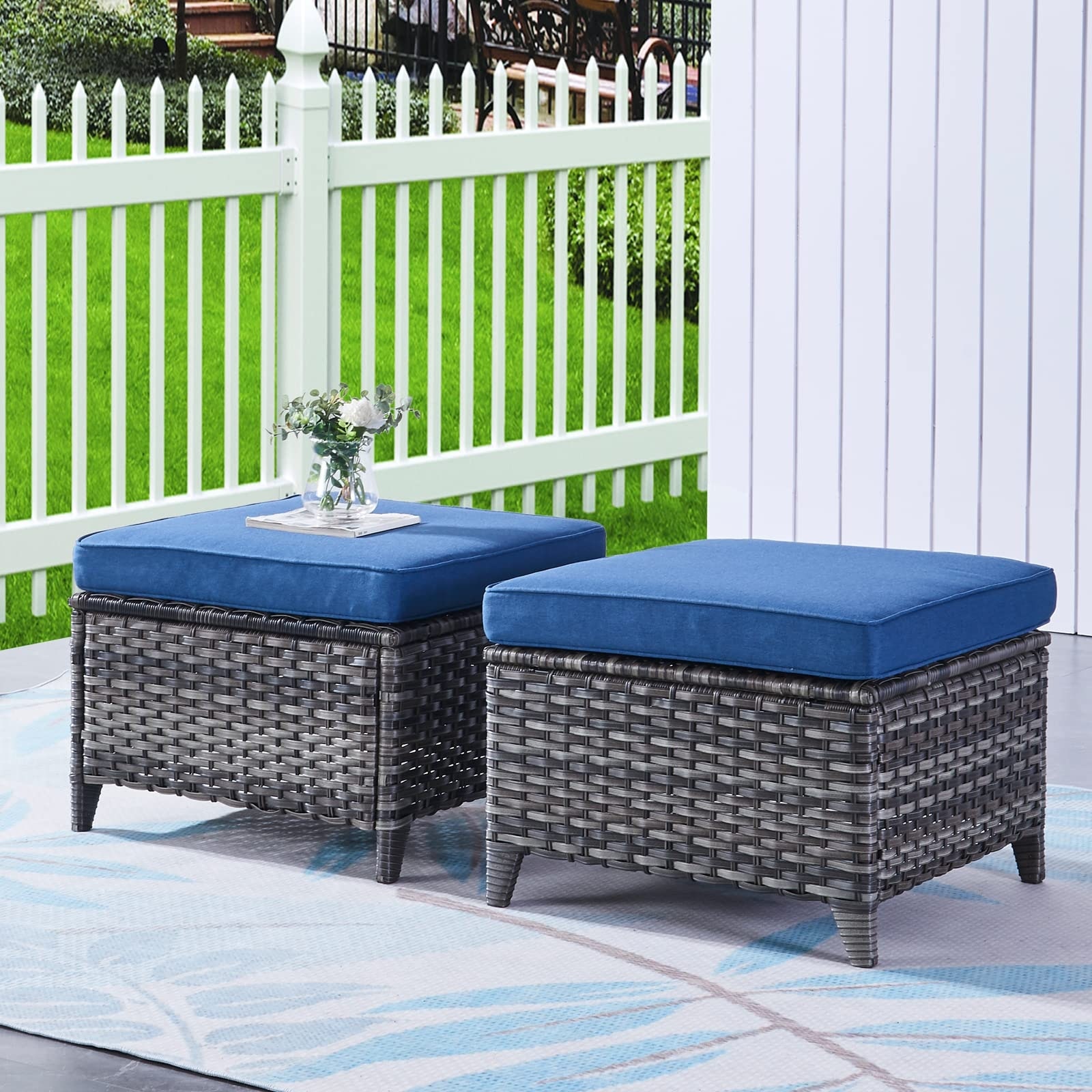 Pocassy Outdoor Cushioned Wicker Footstool Ottomans