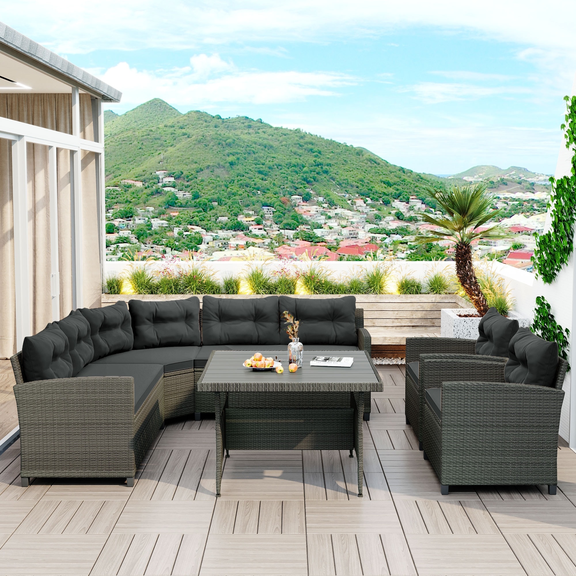 6-piece Outdoor Wicker Sofa Set  Patio Rattan Dinning Set  Sectional Sofa With Thick Cushions And Pillows