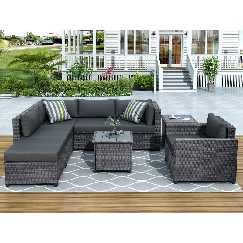 8 Piece Rattan Sectional Seating Group With Cushions  Patio Furniture Sets  Outdoor Wicker Sectional Sofa Set With Coffee Table