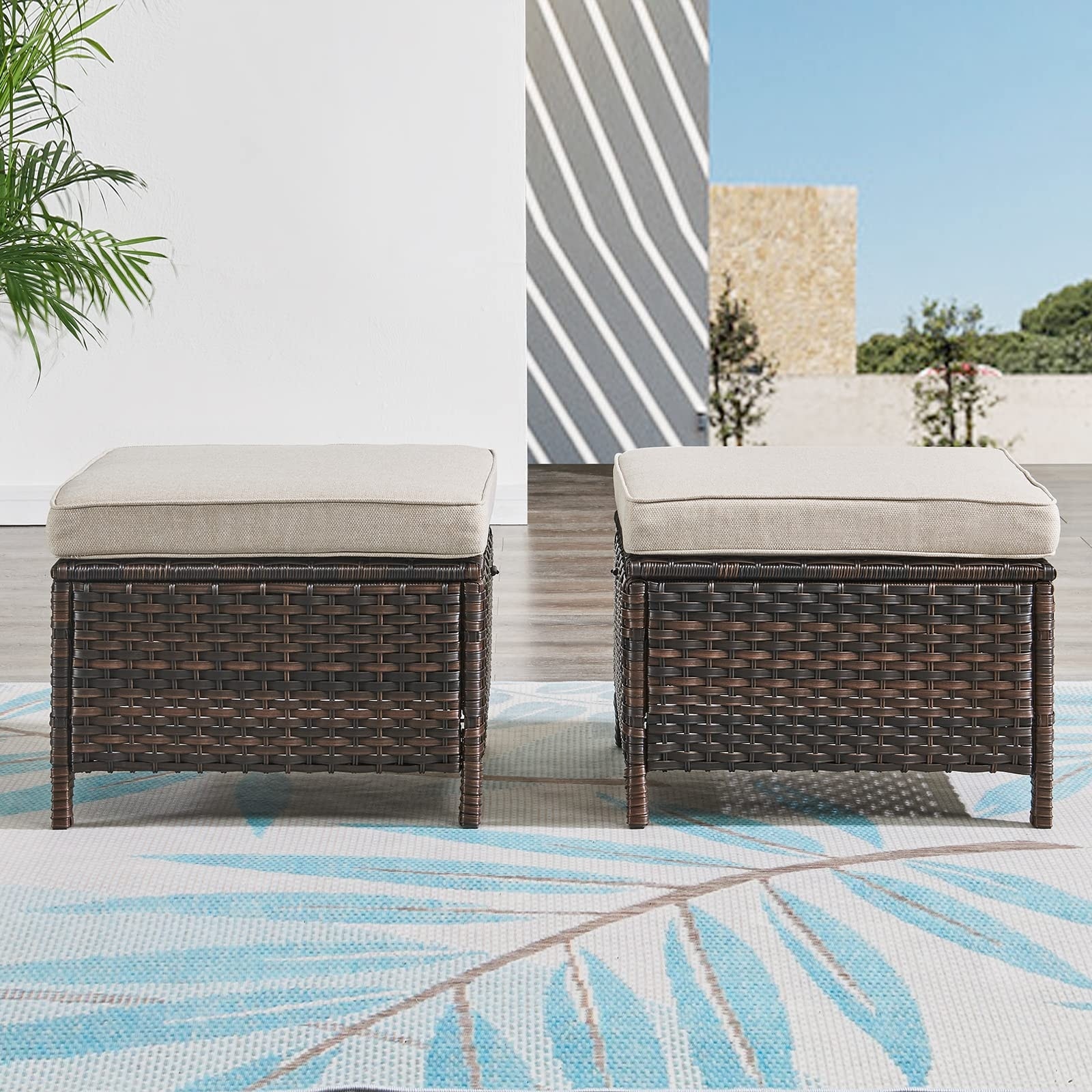 Pocassy Outdoor Cushioned Wicker Footstool Ottomans