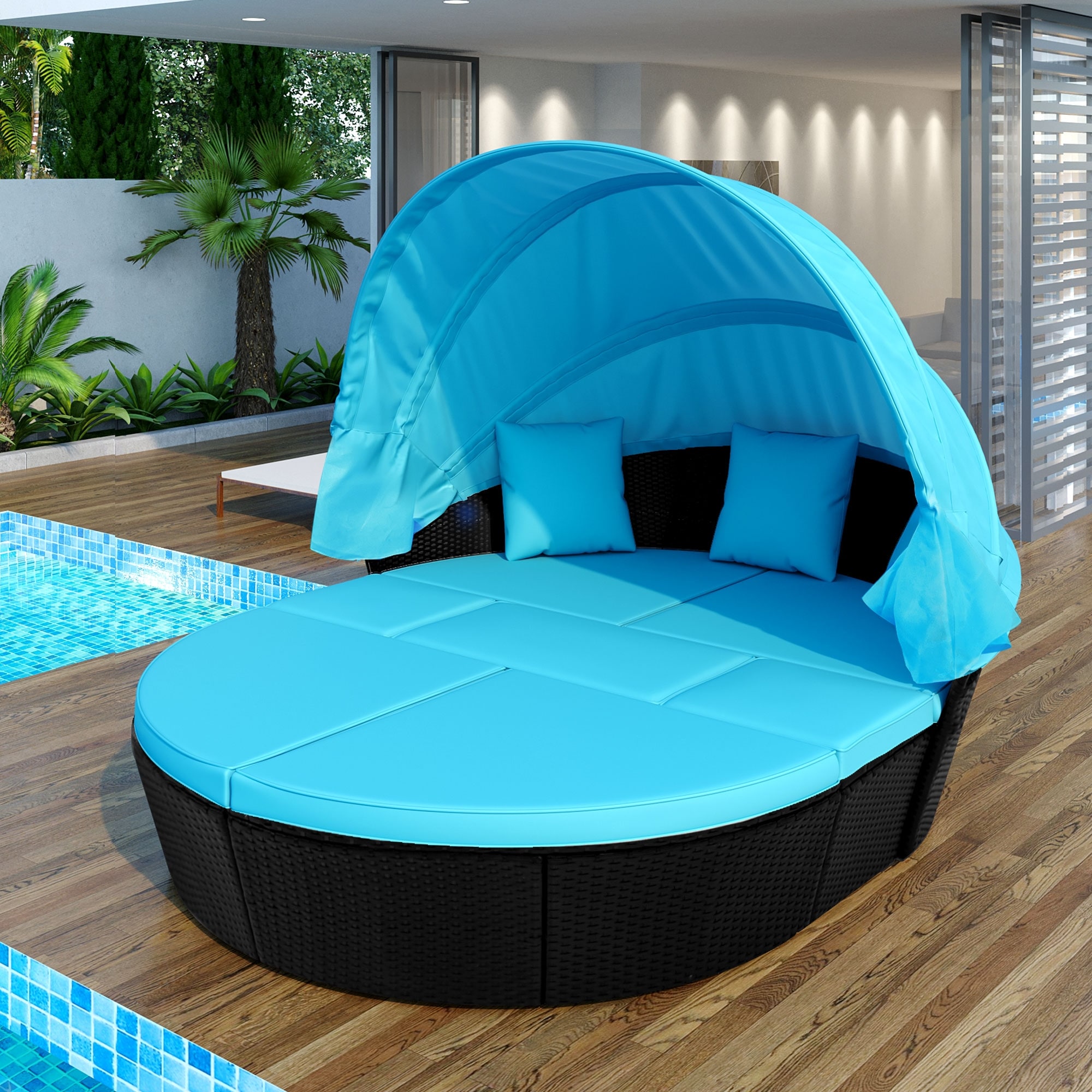 Round Outdoor Rattan Daybed Sunbed With Retractable Canopy