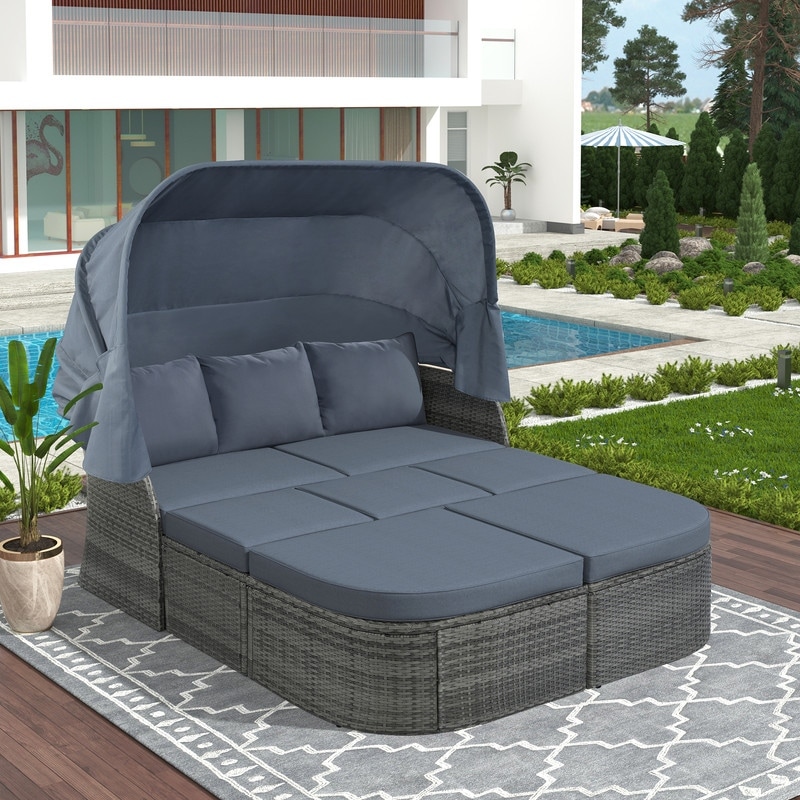 Patio Furniture Set Daybed Sunbed With Retractable Canopy Conversation Set
