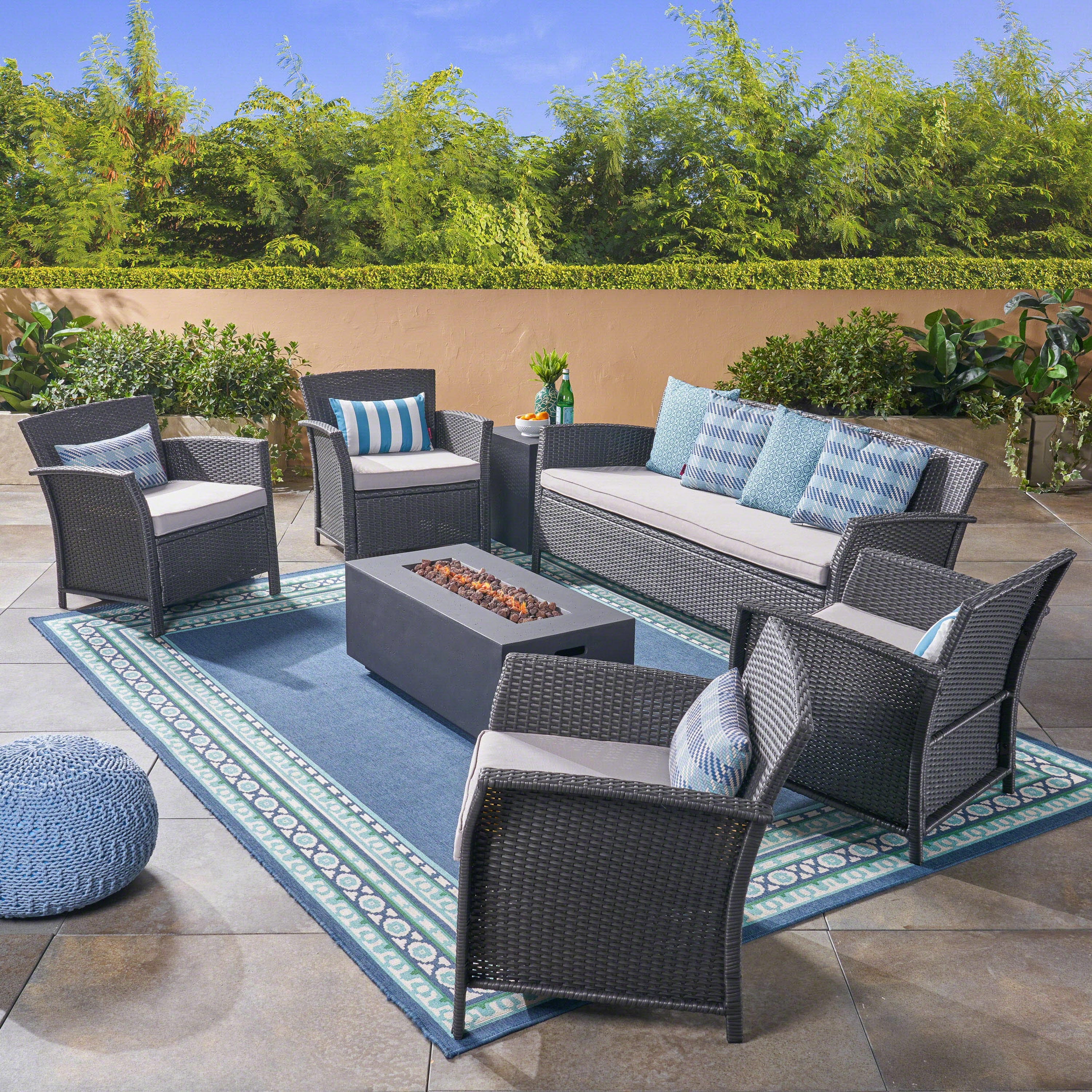 St. Lucia Outdoor 7 Seater Wicker Chat Set With Fire Pit By Christopher Knight Home