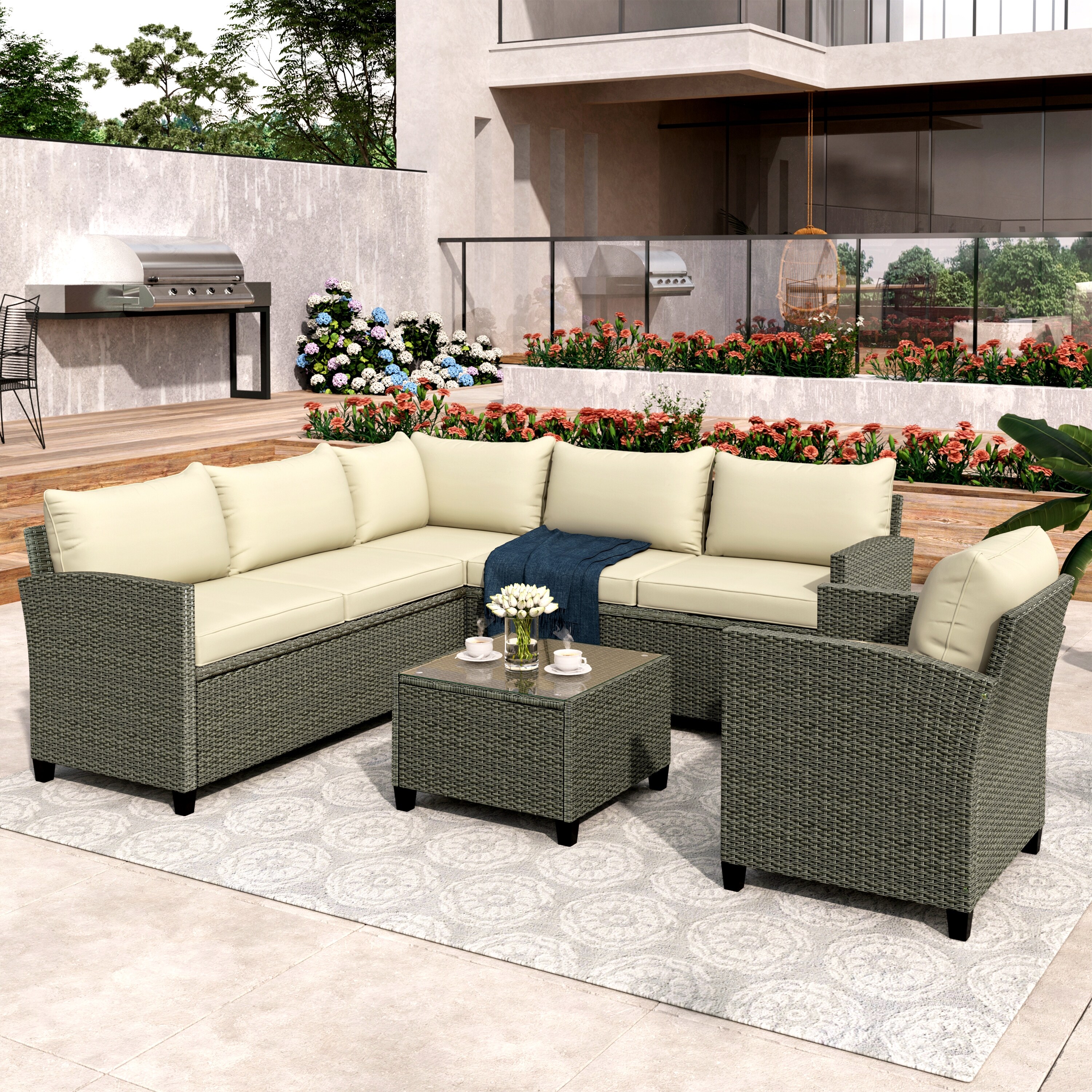 5 Piece Patio Outdoor Conversation Set With Coffee Table  Cushions And Single Chair
