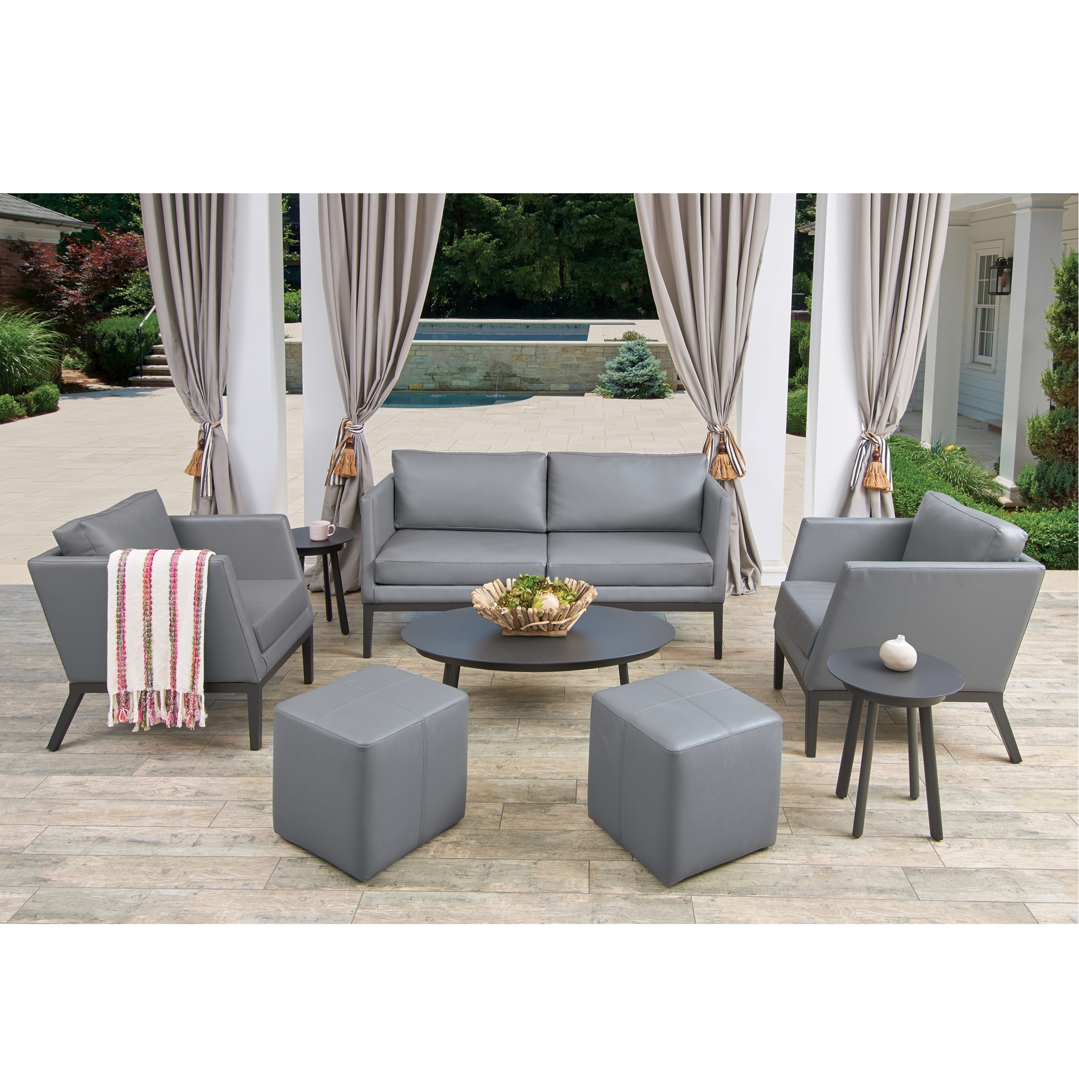 Oxford Garden Salino 8-piece Nickel Nauticau Synthetic Leather Sofa  Club Chairs  Ottoman Poufs  And Eiland Tables Chat Set