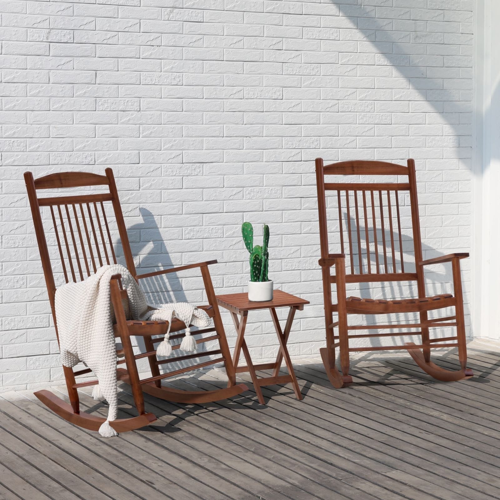 Veikous Wood 3-piece Outdoor Rocking Chair And Folding Table Set