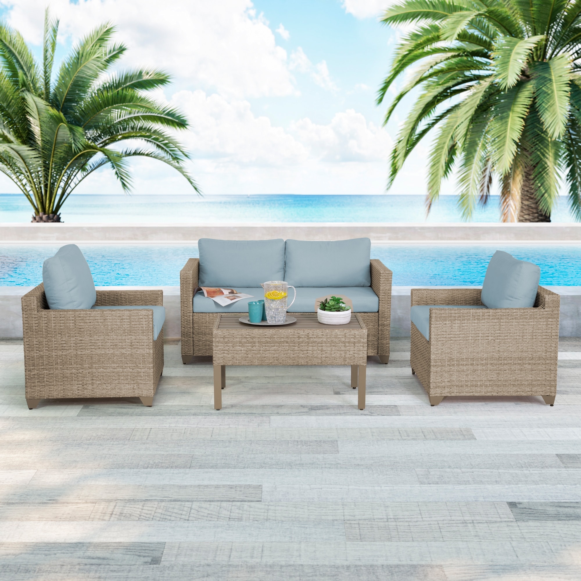 Maui 5-piece Outdoor Conversation Set Including Coffee Table And 2 Club Chairs In Natural Aged Wicker