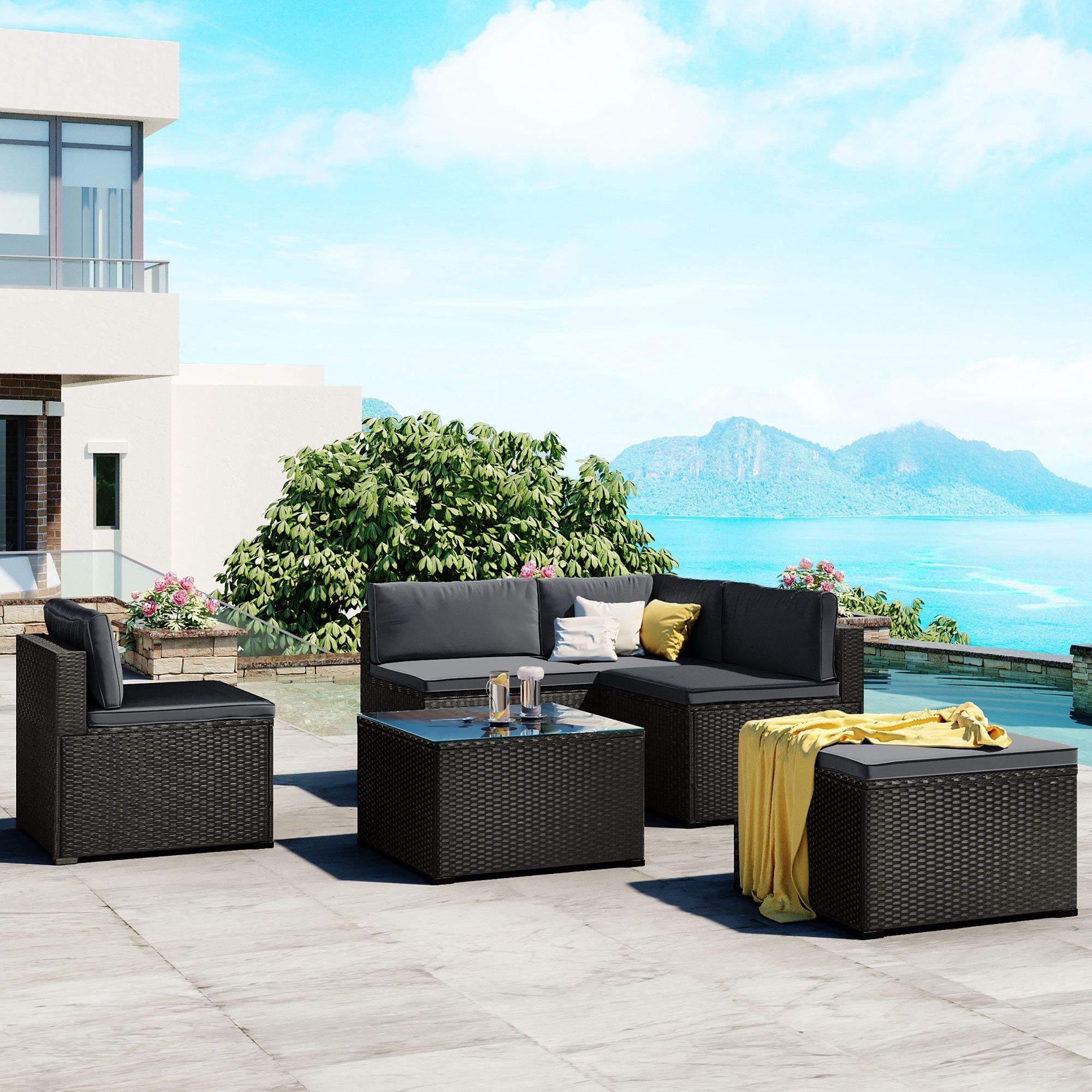 Gray 6-piece Outdoor Patio Wicker Rattan Modular Sectional Sofa Set  With Glass Tabletop Coffee Table  Removable Grey Cushion