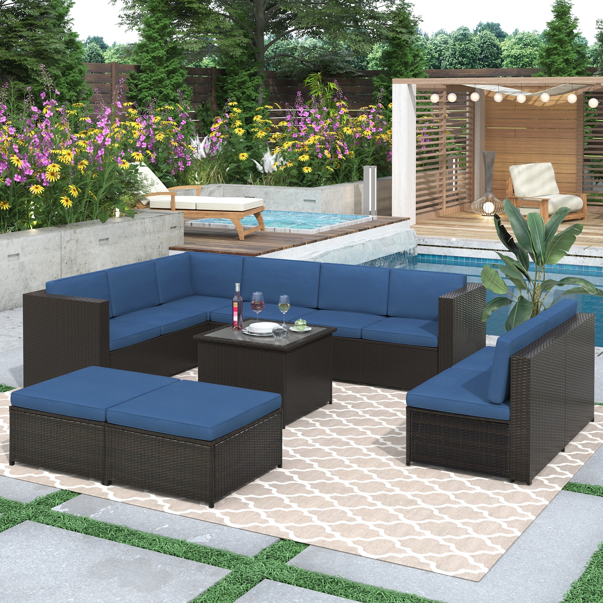 Outdoor Wicker 9 Piece Sectional Sofa Set With Cushions And Ottoman