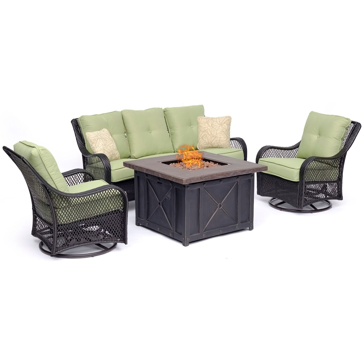 Hanover Orleans 4-piece Woven Fire Pit Lounge Set In Avocado Green With Sofa  2 Swivel Gliders And Durastone Fire Pit