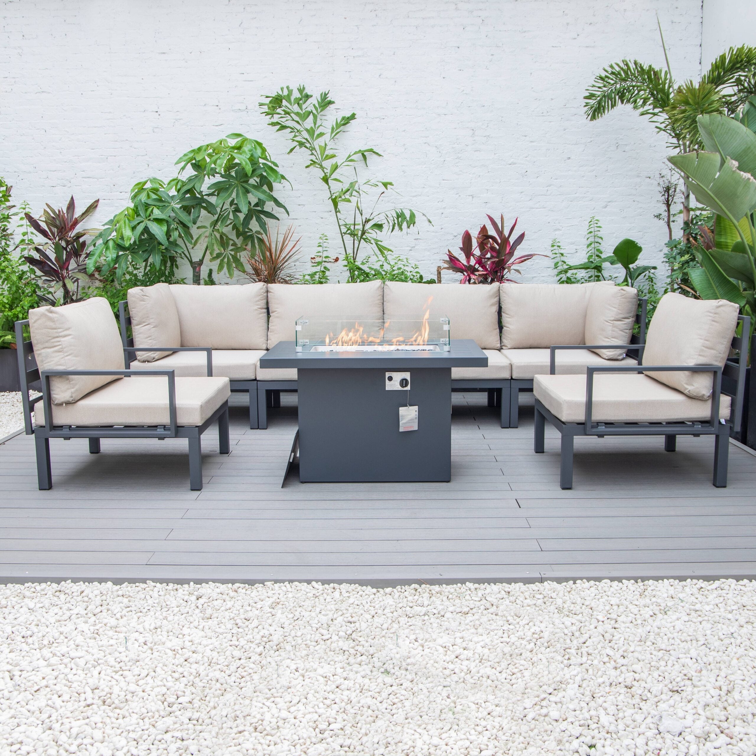 Leisuremod Hamilton 7-peice Patio Sectional Set With Fire Pit Table