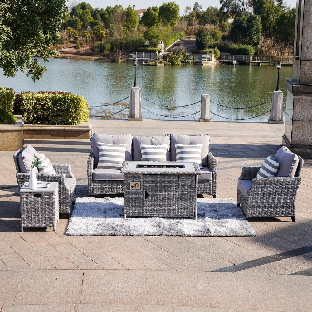 5-piece Outdoor Rattan Sofa Set With Propane Fire Pit Table And Rain Cover