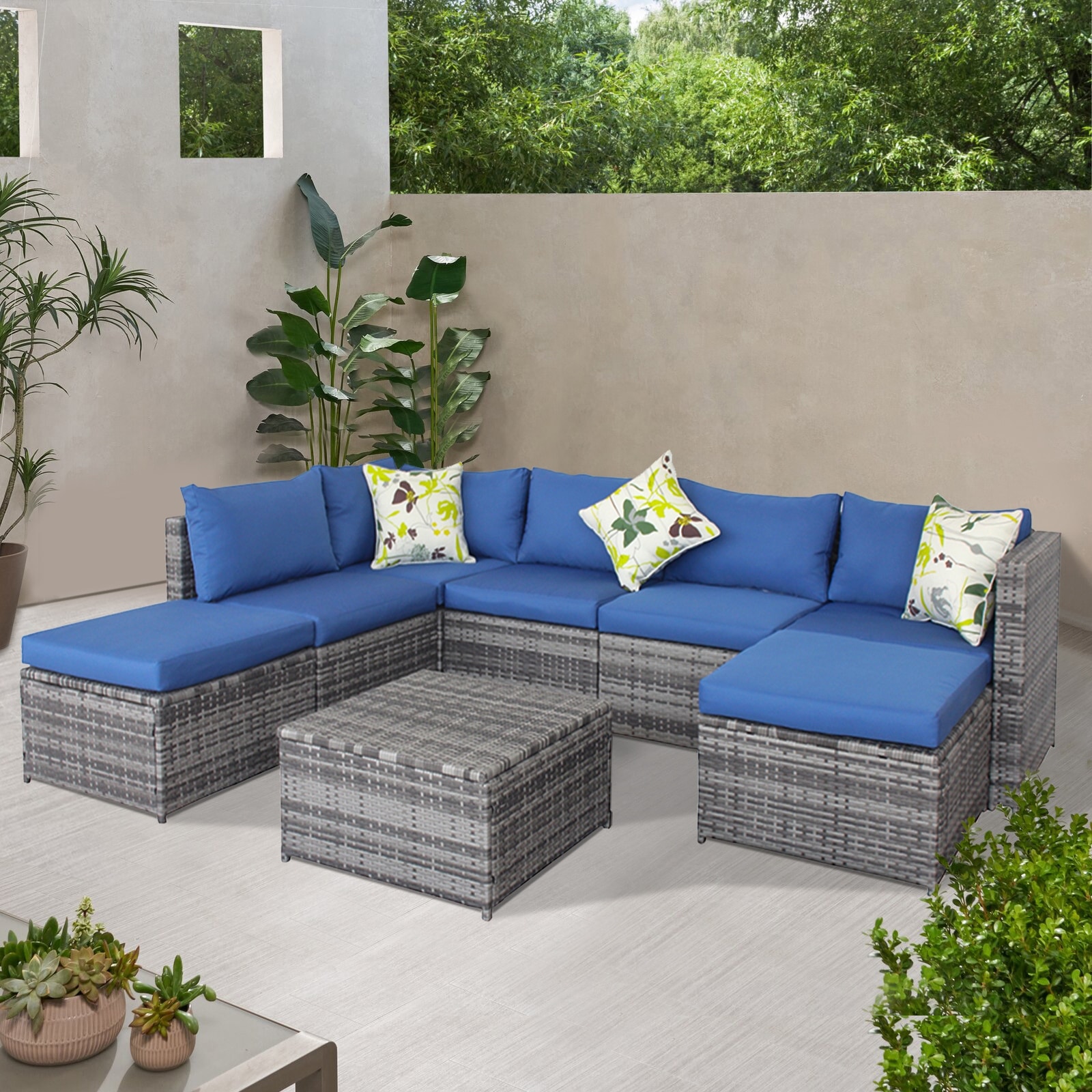 Outdoor Wicker Rattan Sectional Sofa Set With Storage Table