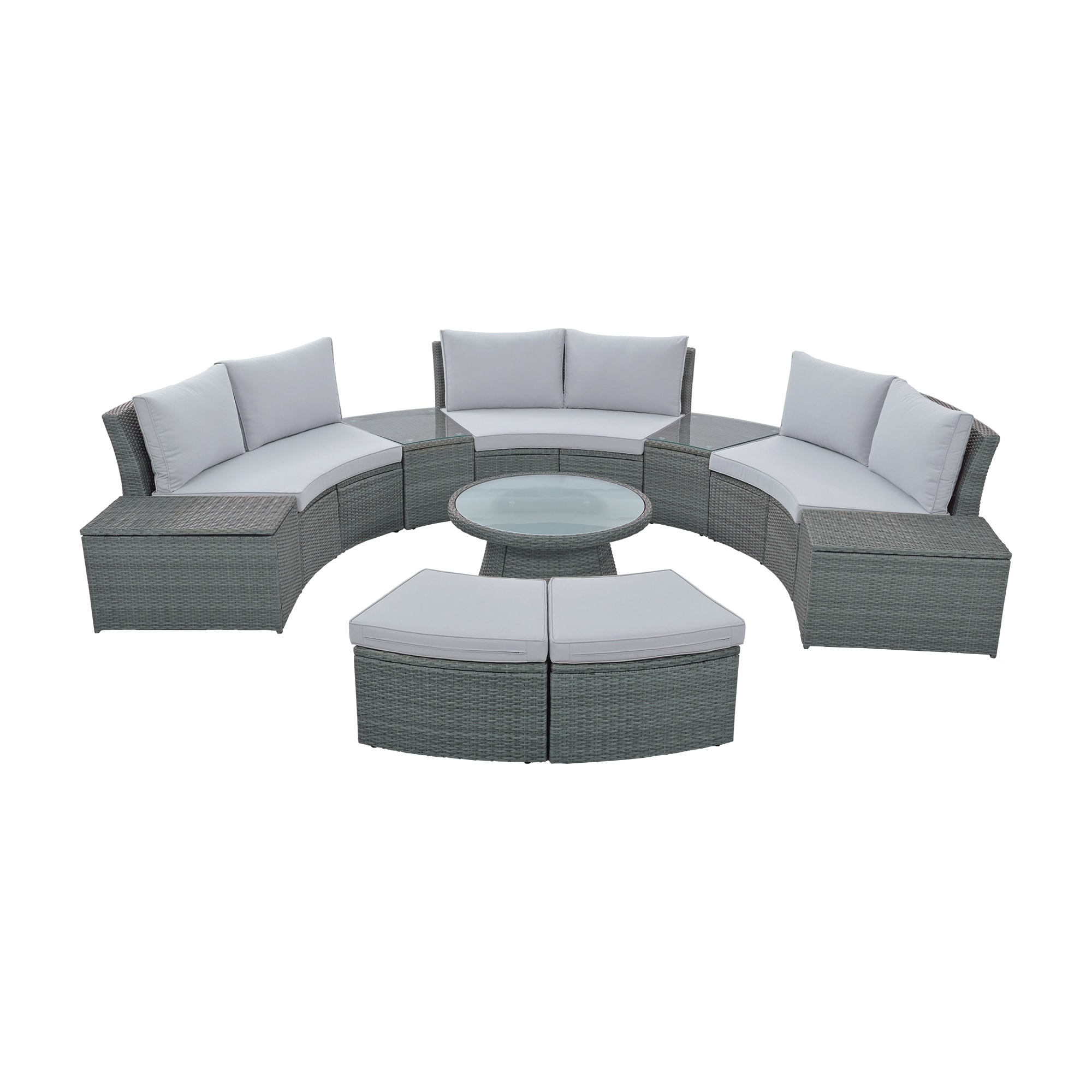Half Round Rattan Sofa Set  10-piece Outdoor Sectional With Storage Table And Glass Top
