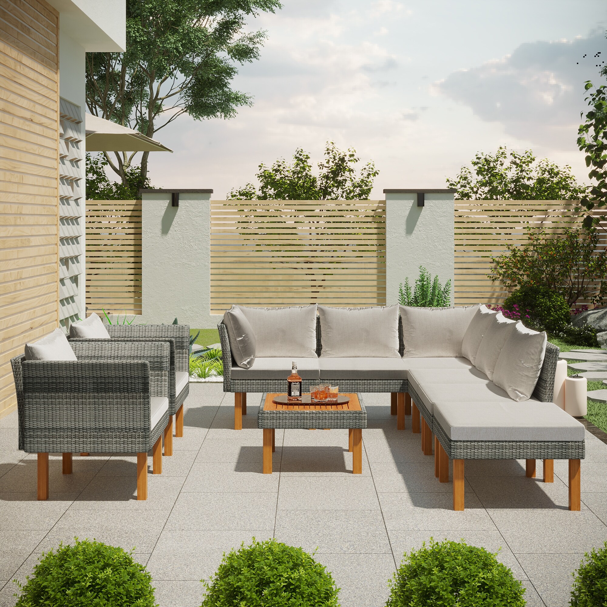 9-piece Outdoor Patio Garden Wicker Sofa Set  Gray Pe Rattan Sofa Set  With Wood Legs  Acacia Wood Tabletop  Armrest Chairs