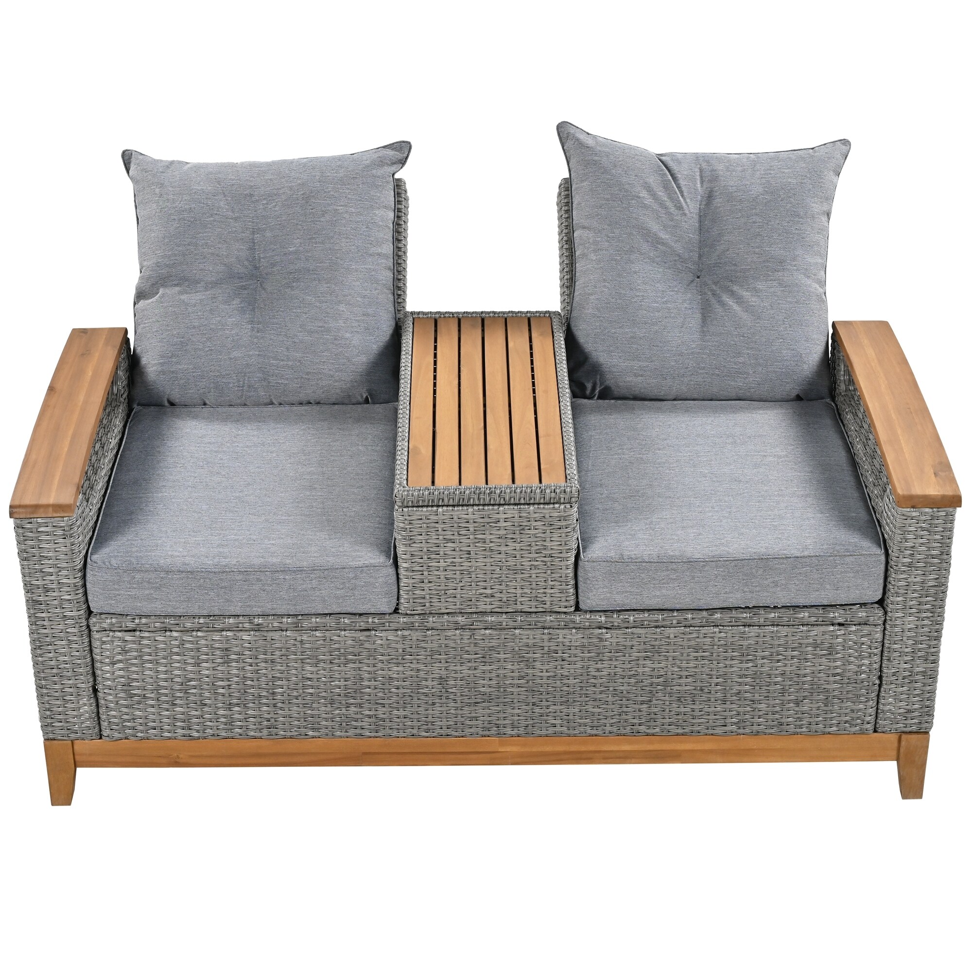 Adjustable Back Loveseat With Wood Armrest Storage Space For Courtyards