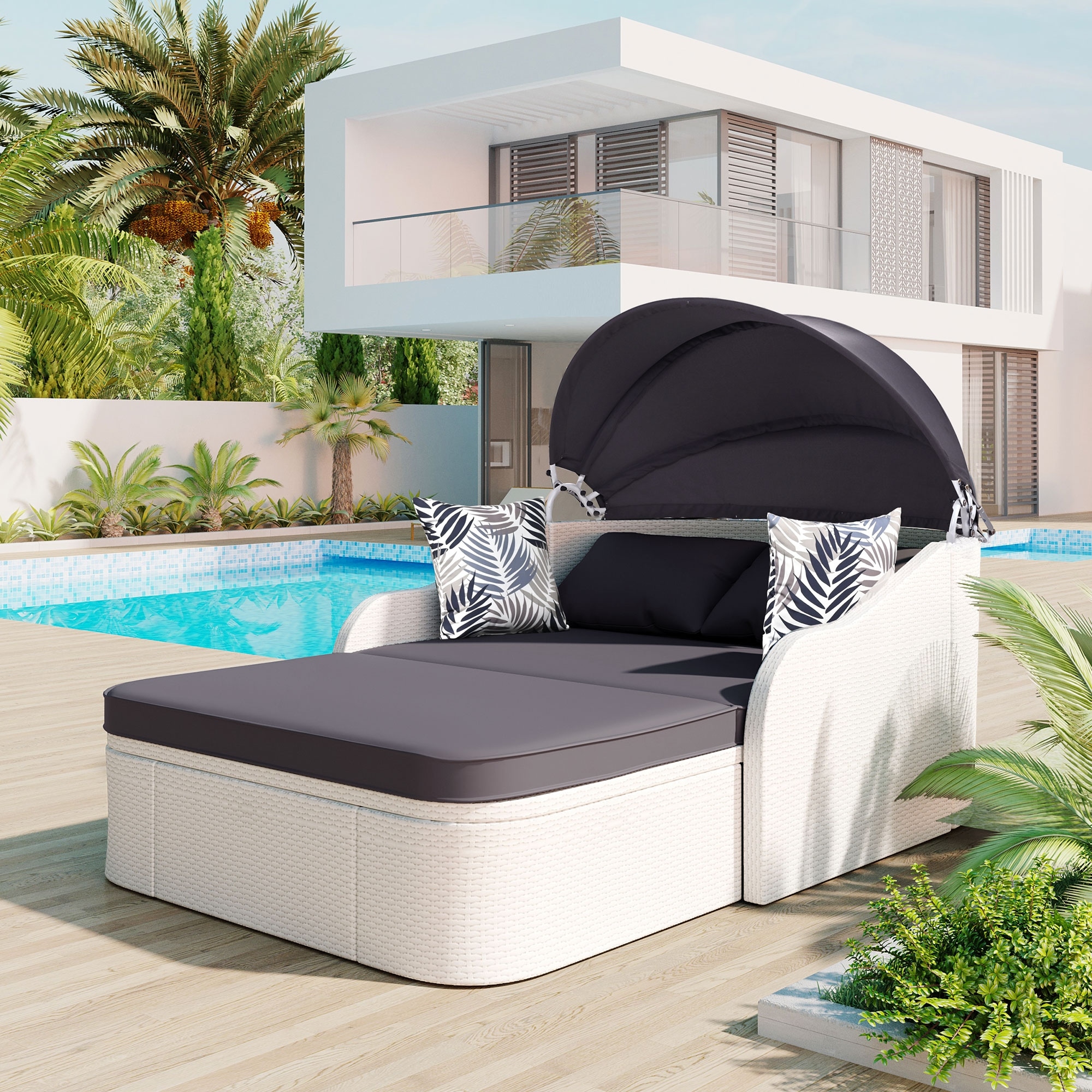 79.9 Outdoor Sunbed With Adjustable Canopy  Double Lounge  Pe Rattan Daybed