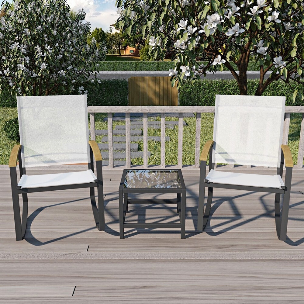 3pcs Patio Outdoor Rocking Chair  Textilene Chairs W/coffee Table - 3 Pieces