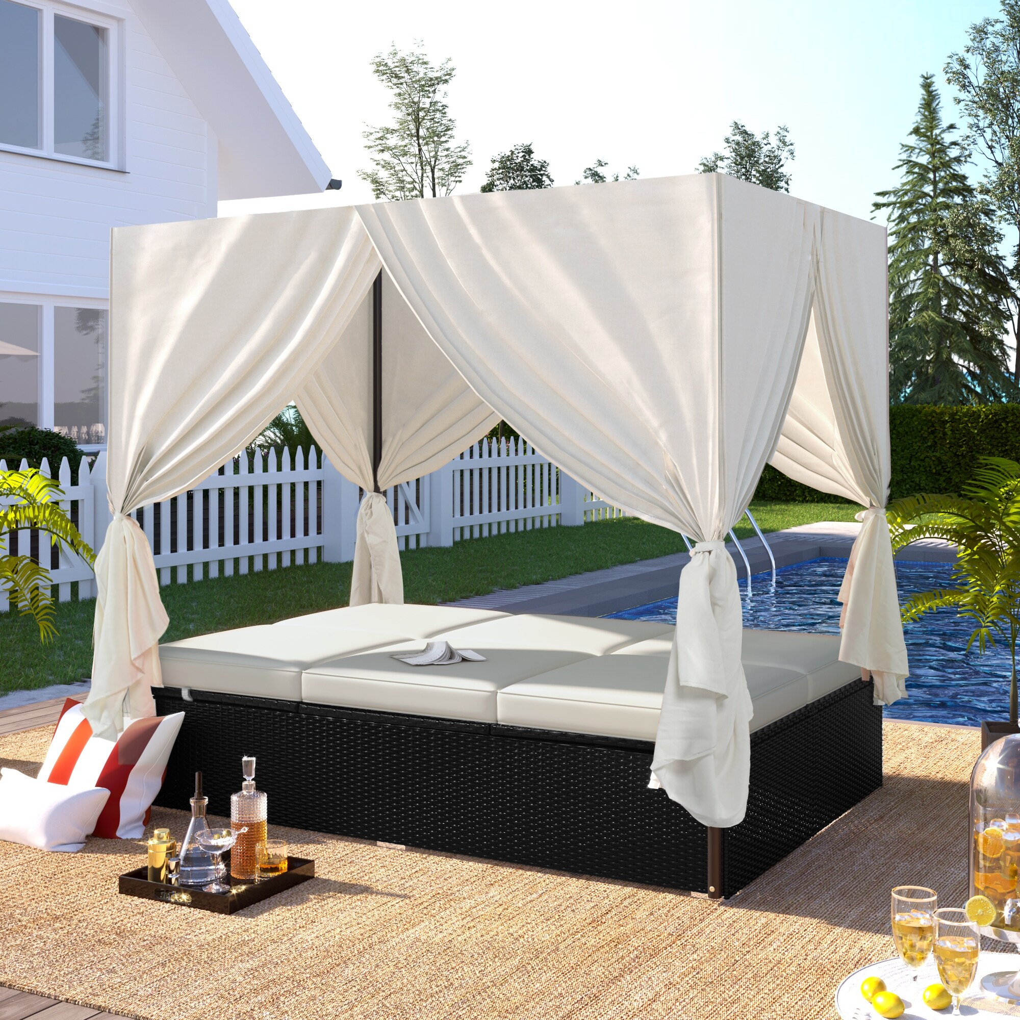 Outdoor Patio Wicker Sunbed Daybed With Canopy  Adjustable Seats  All-weather Pe Rattan Lounge Bed For Garden  Poolside  Balcony