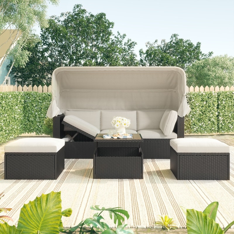 Patio Rectangle Daybed With Retractable Canopy And Washable Cushions