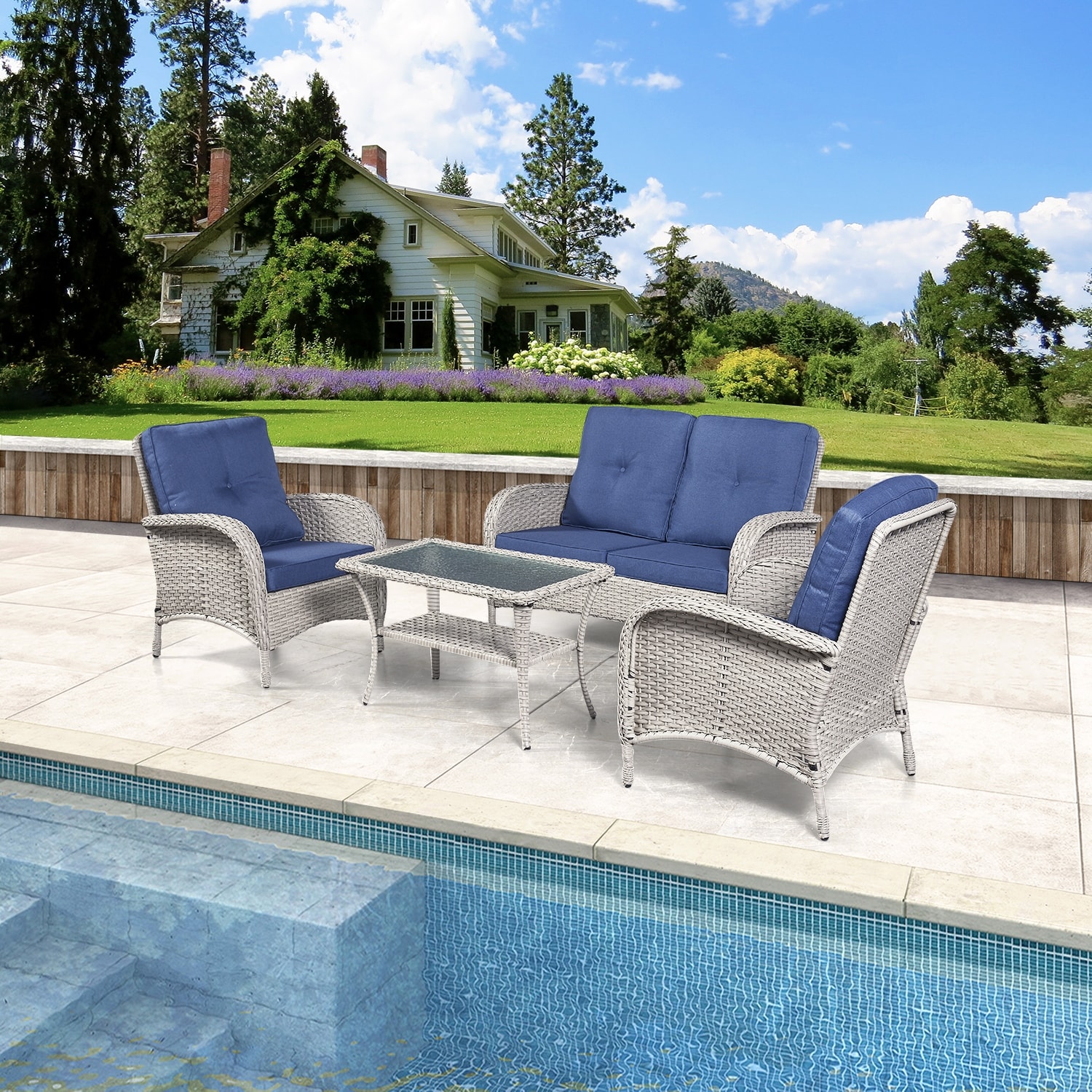 4-piece Outdoor Sofa Chair Table Set With Cushion